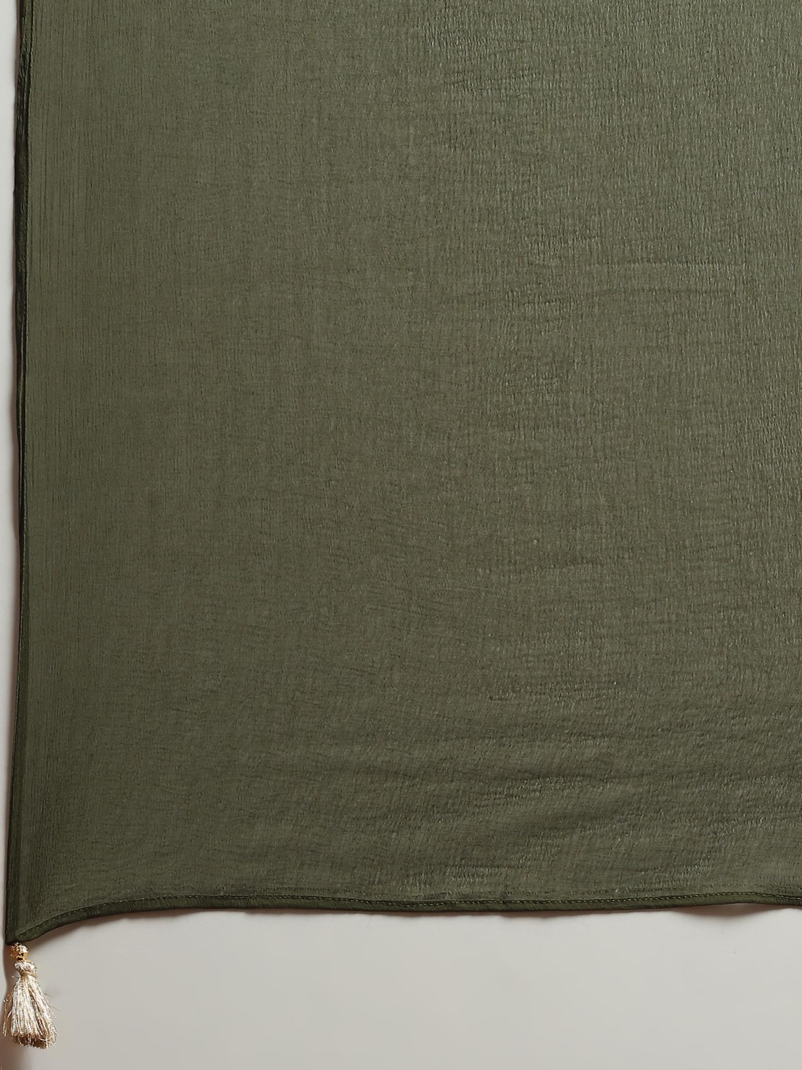 Women Chinon Olive Floral Kurta Sharara Dupatta.