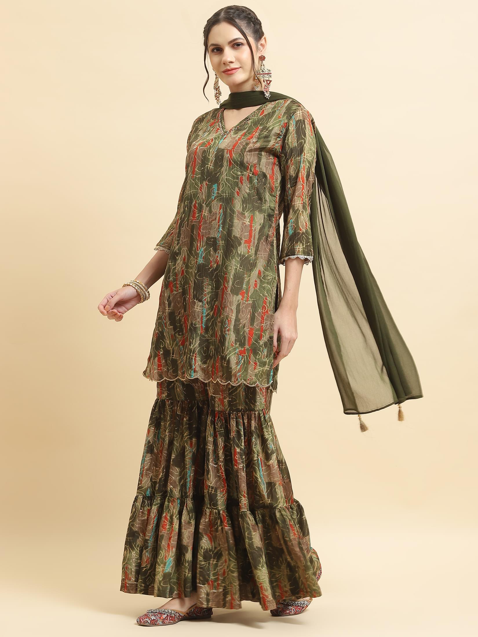 Women Chinon Olive Floral Kurta Sharara Dupatta.