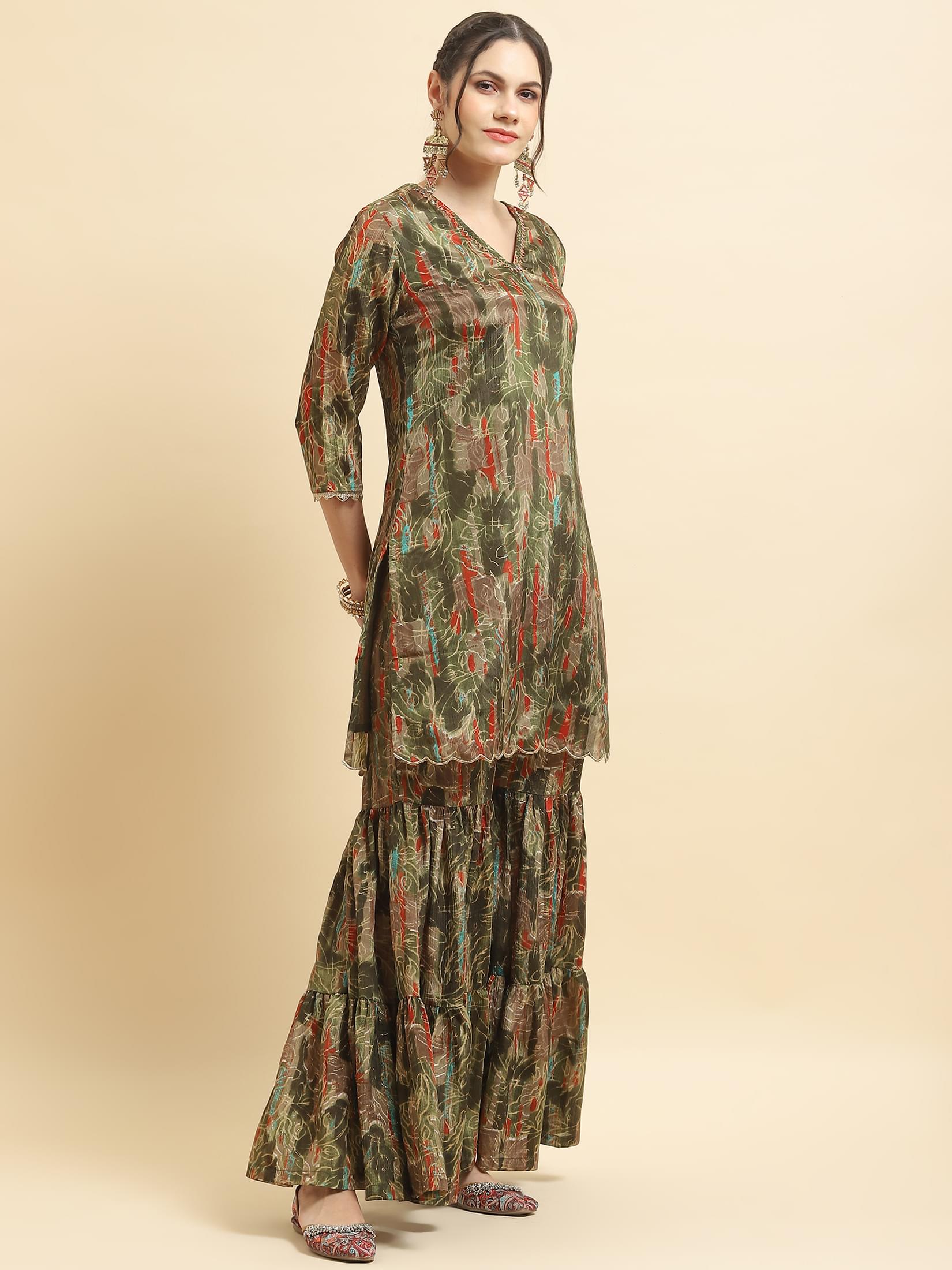 Women Chinon Olive Floral Kurta Sharara Dupatta.