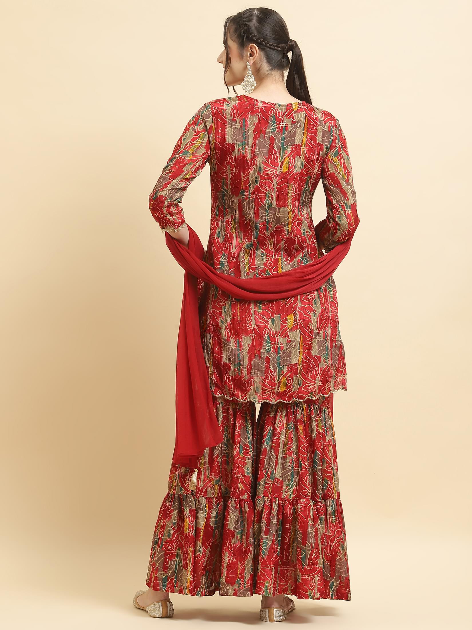 Women Chinon Red Floral Print Kurta Sharara Dupatta.