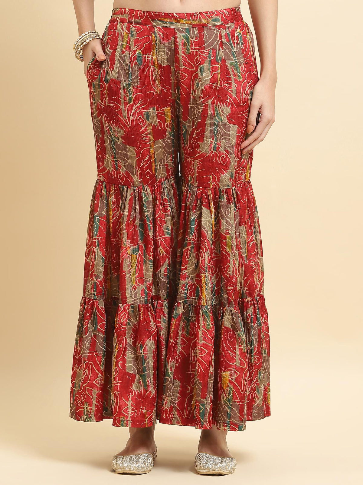 Women Chinon Red Floral Print Kurta Sharara Dupatta.