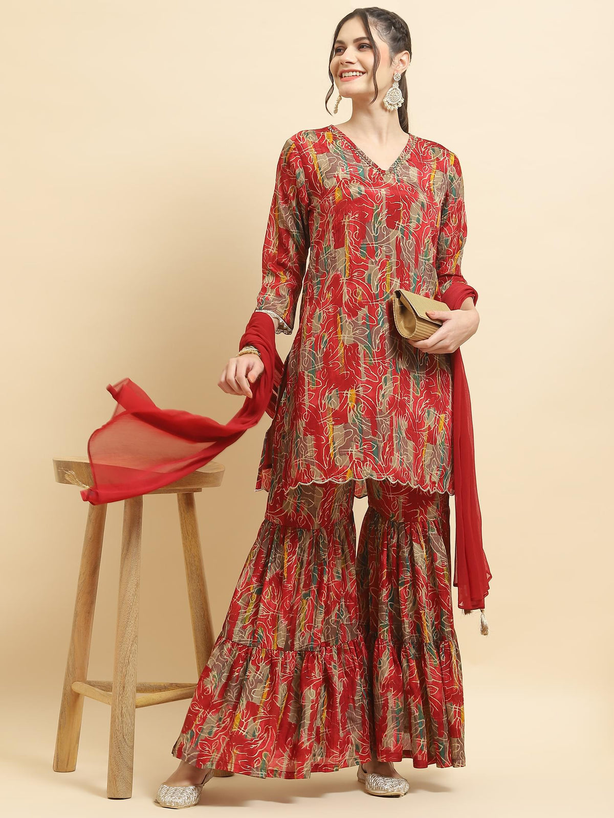 Women Chinon Red Floral Print Kurta Sharara Dupatta.