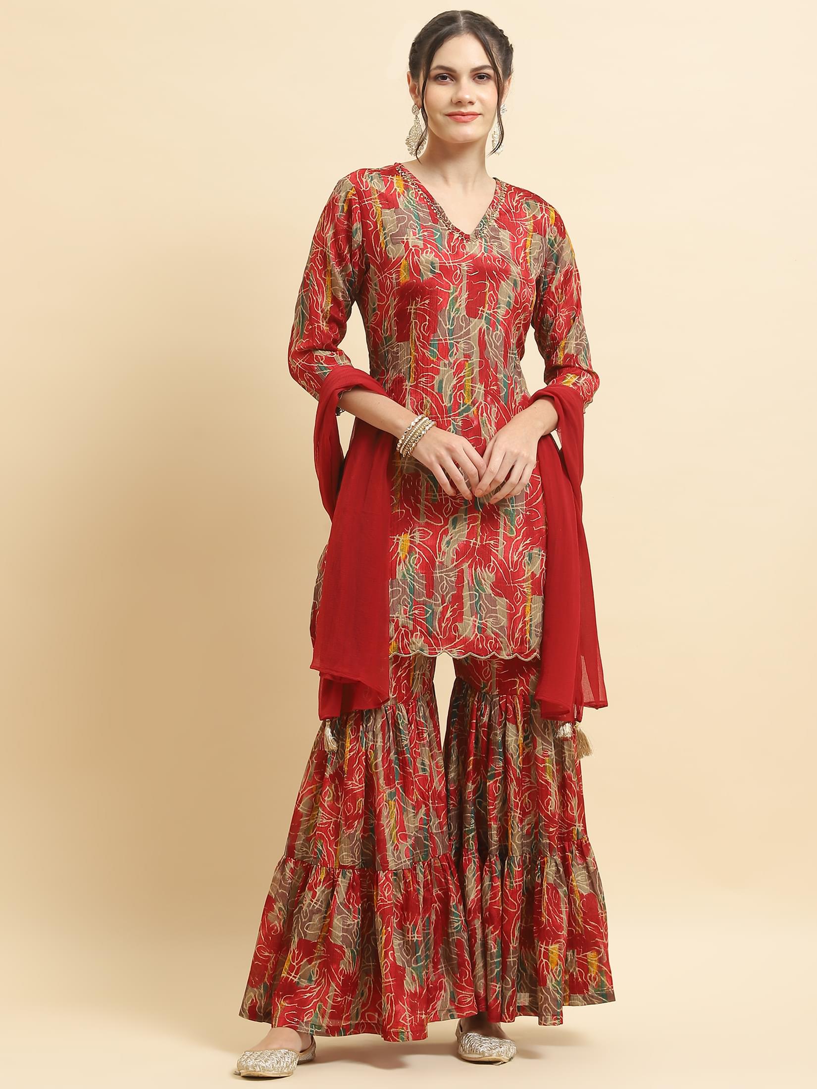 Women Chinon Red Floral Print Kurta Sharara Dupatta.