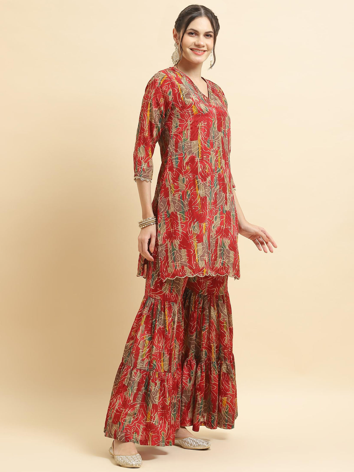 Women Chinon Red Floral Print Kurta Sharara Dupatta.