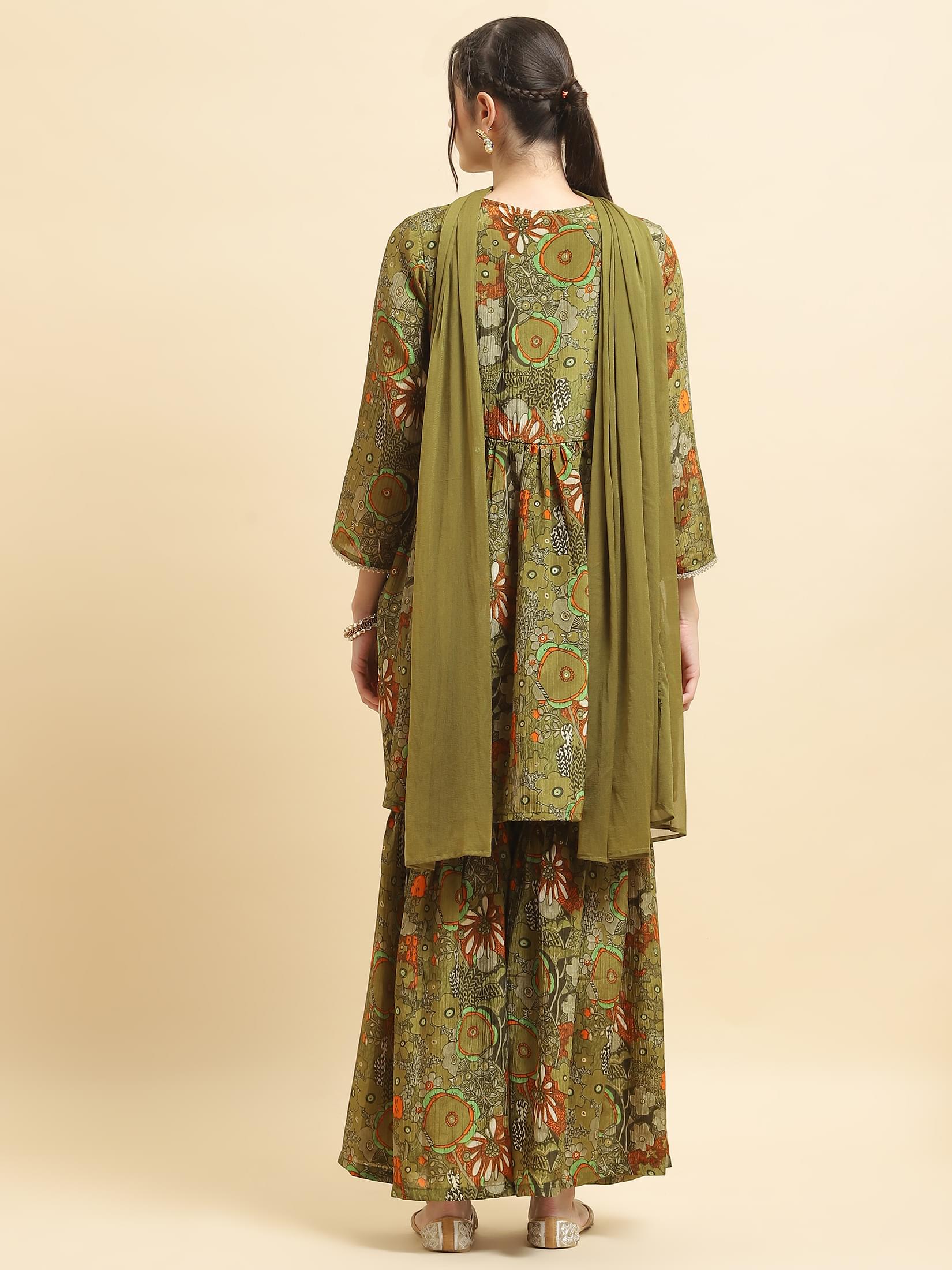 Women Chinon Olive Floral Print Kurta Sharara Dupatta.