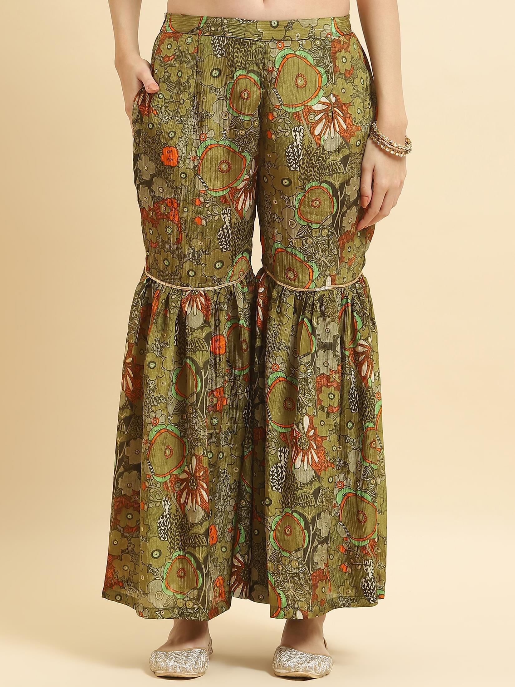 Women Chinon Olive Floral Print Kurta Sharara Dupatta.