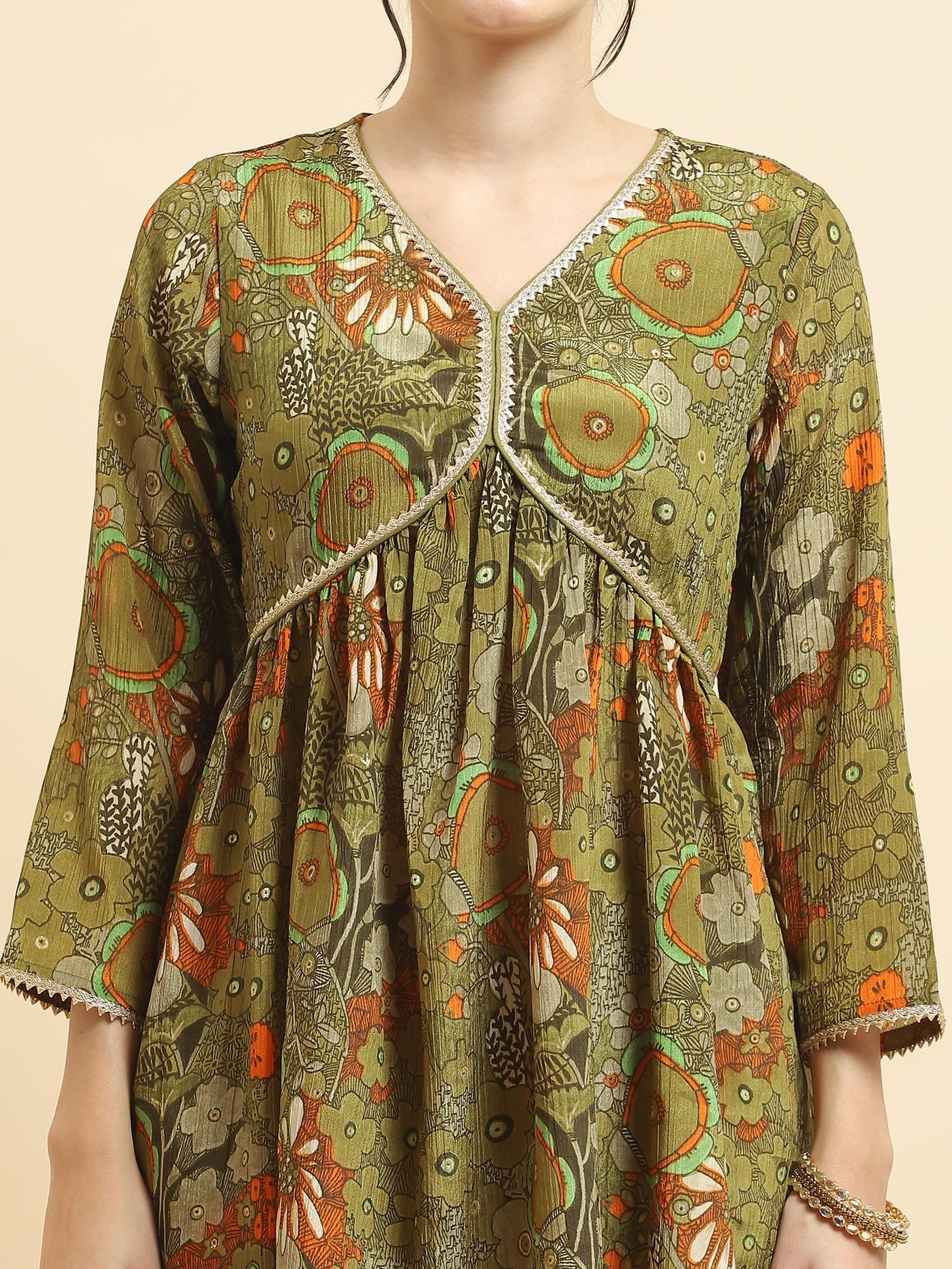 Women Chinon Olive Floral Print Kurta Sharara Dupatta.
