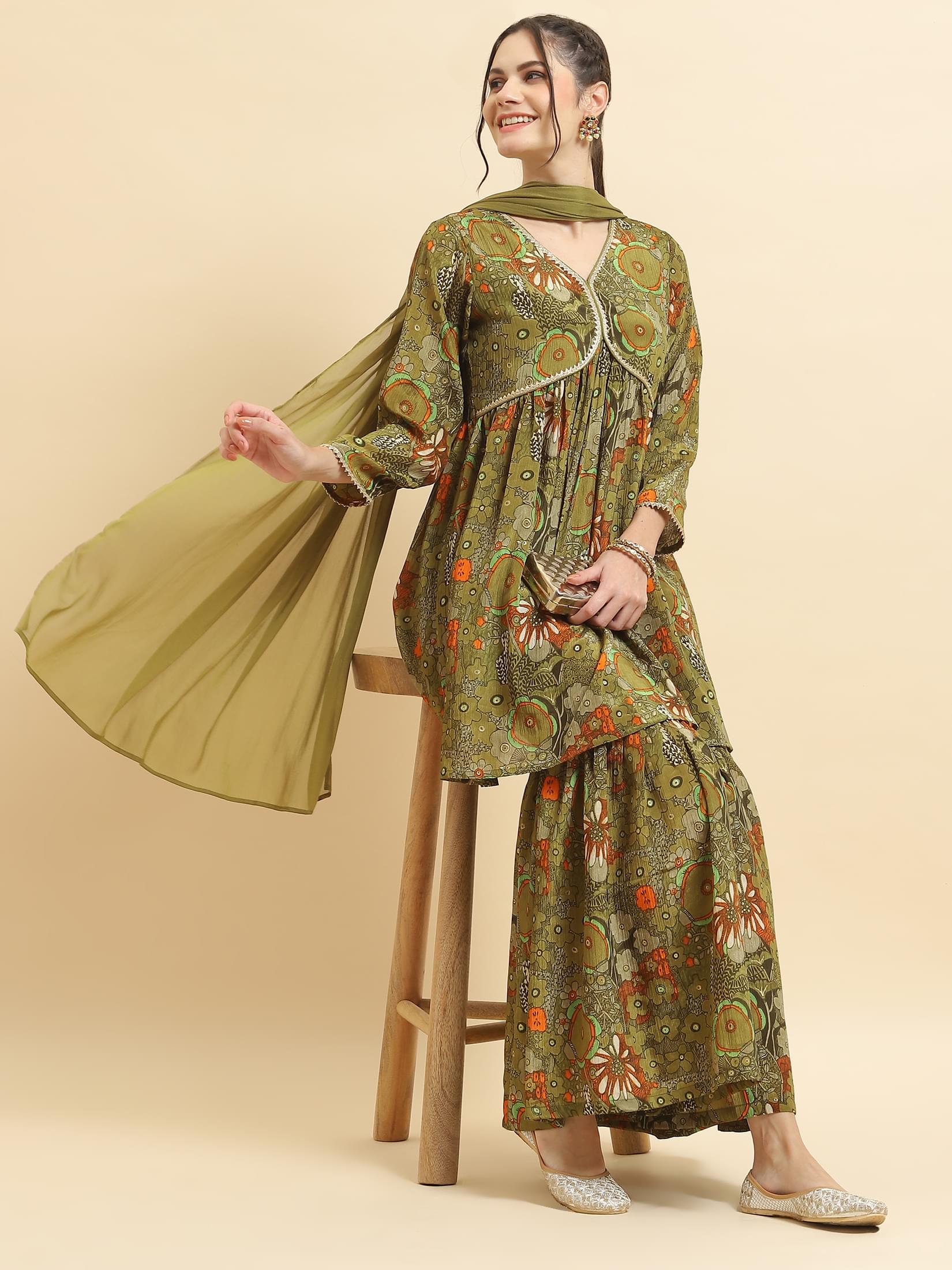 Women Chinon Olive Floral Print Kurta Sharara Dupatta.