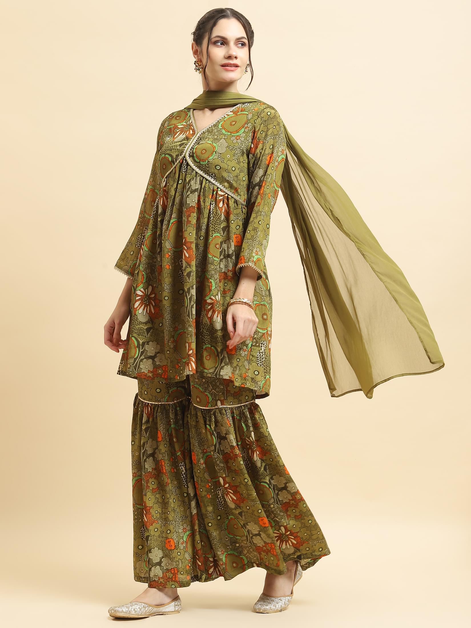 Women Chinon Olive Floral Print Kurta Sharara Dupatta.