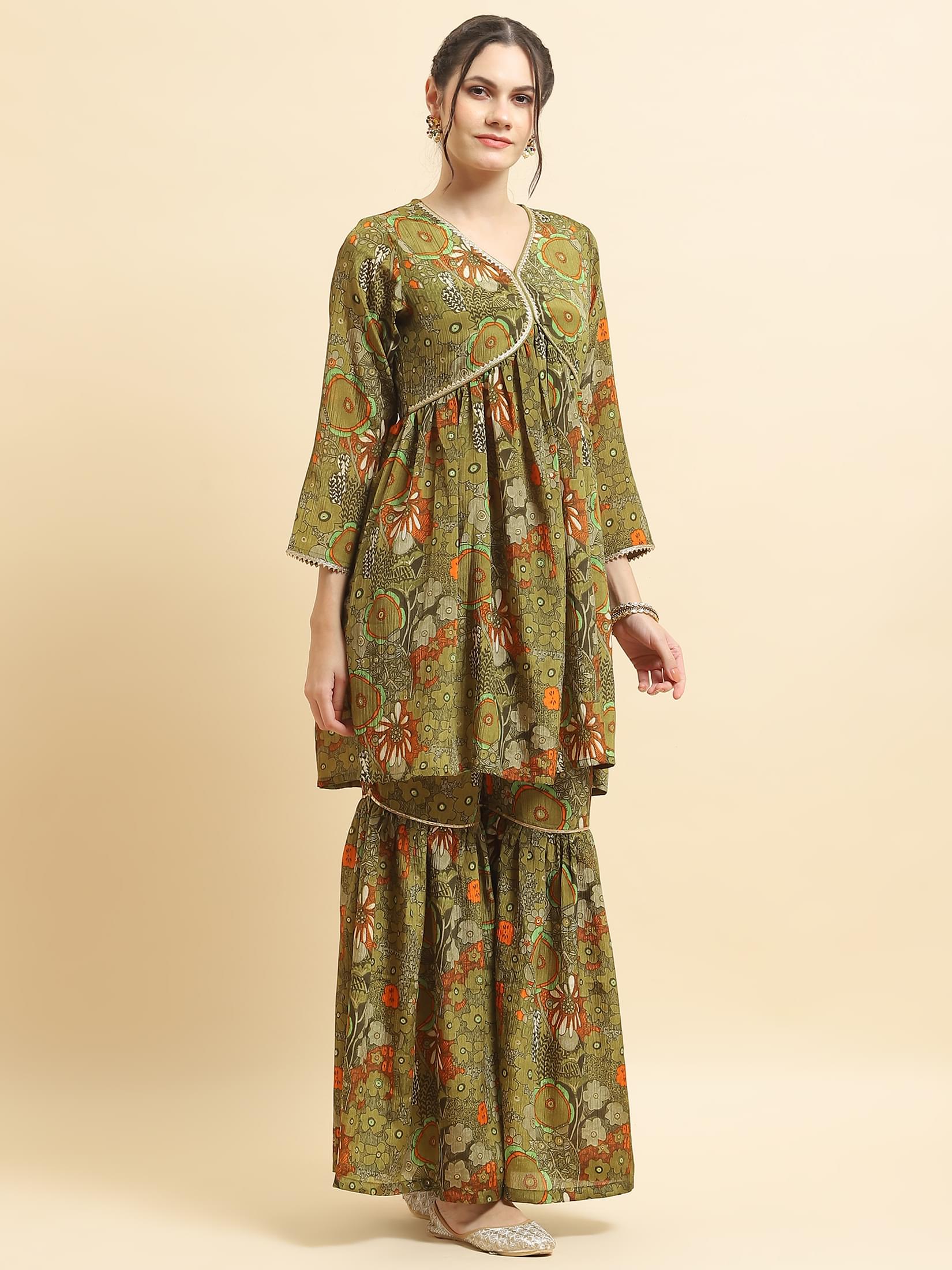 Women Chinon Olive Floral Print Kurta Sharara Dupatta.