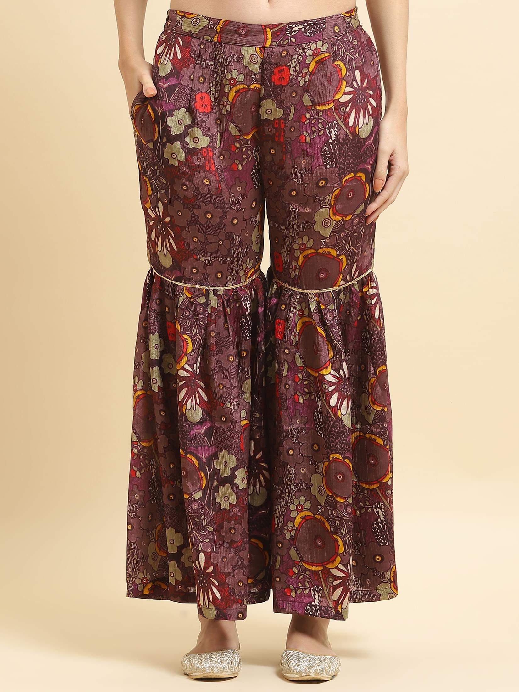 Women Chinon Purple Floral Print Kurta Sharara Dupatta.