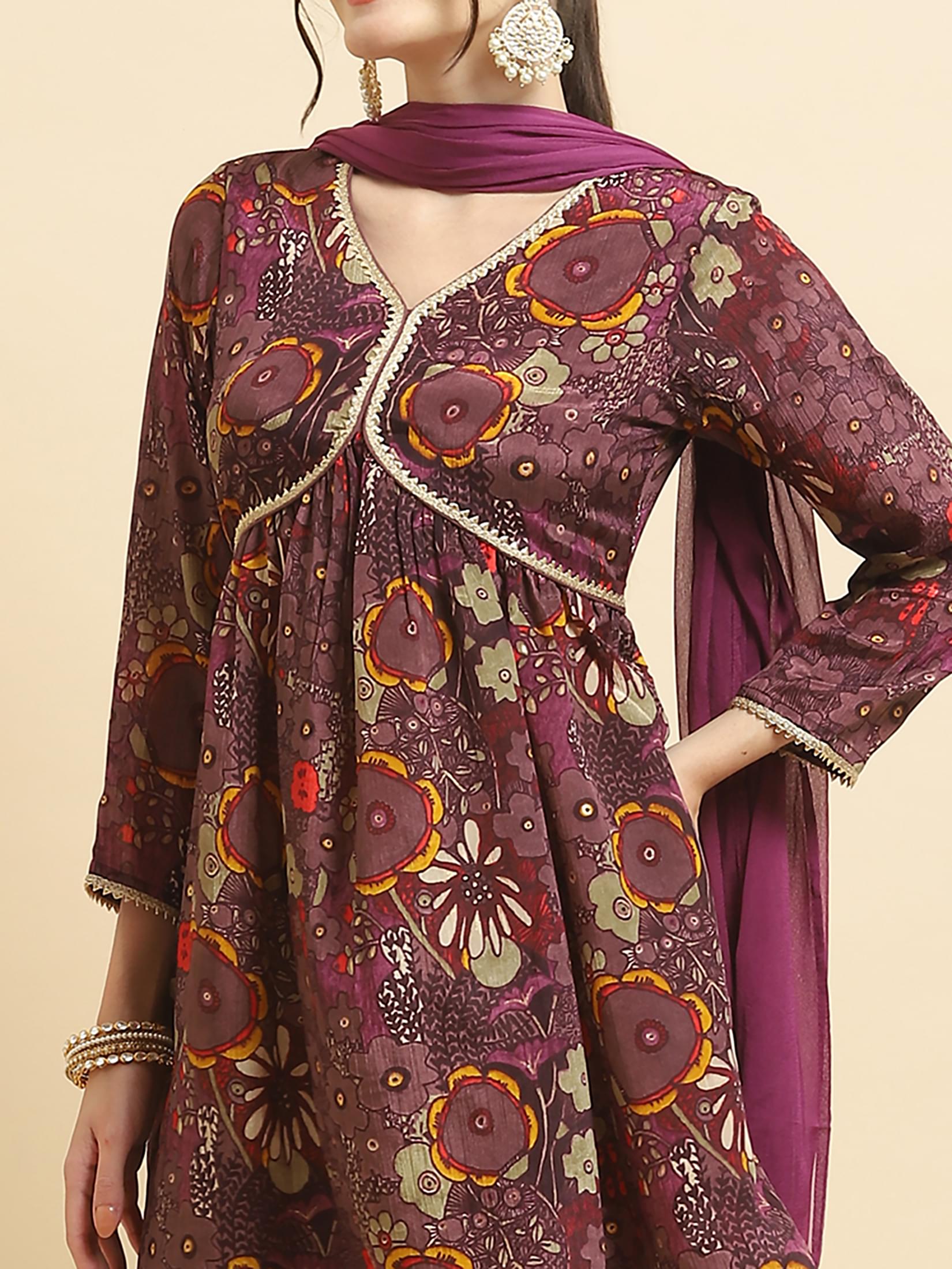 Women Chinon Purple Floral Print Kurta Sharara Dupatta.
