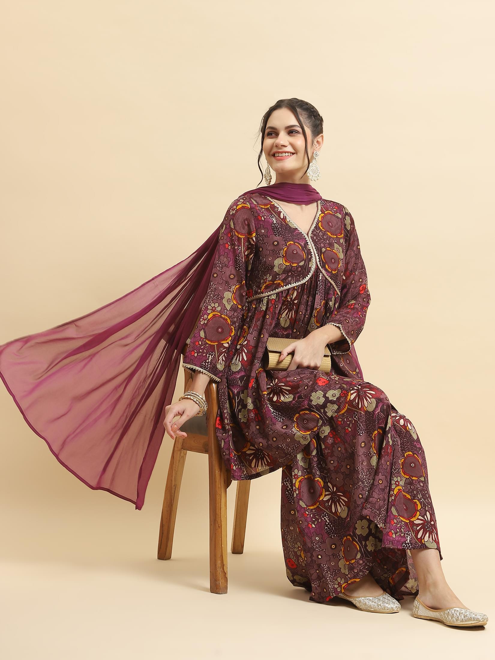 Women Chinon Purple Floral Print Kurta Sharara Dupatta.