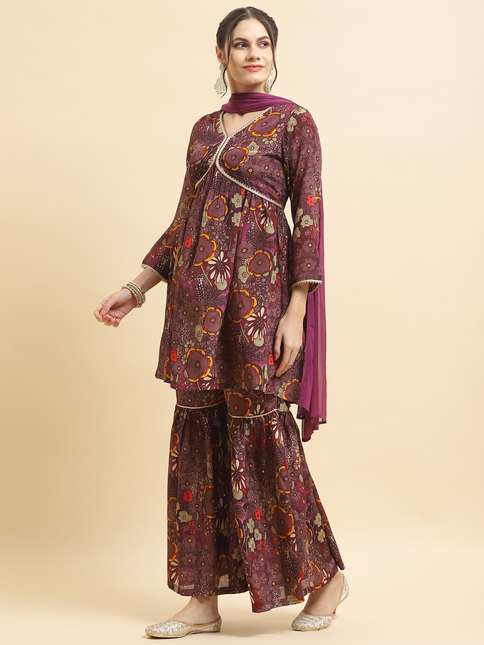 Women Chinon Purple Floral Print Kurta Sharara Dupatta.