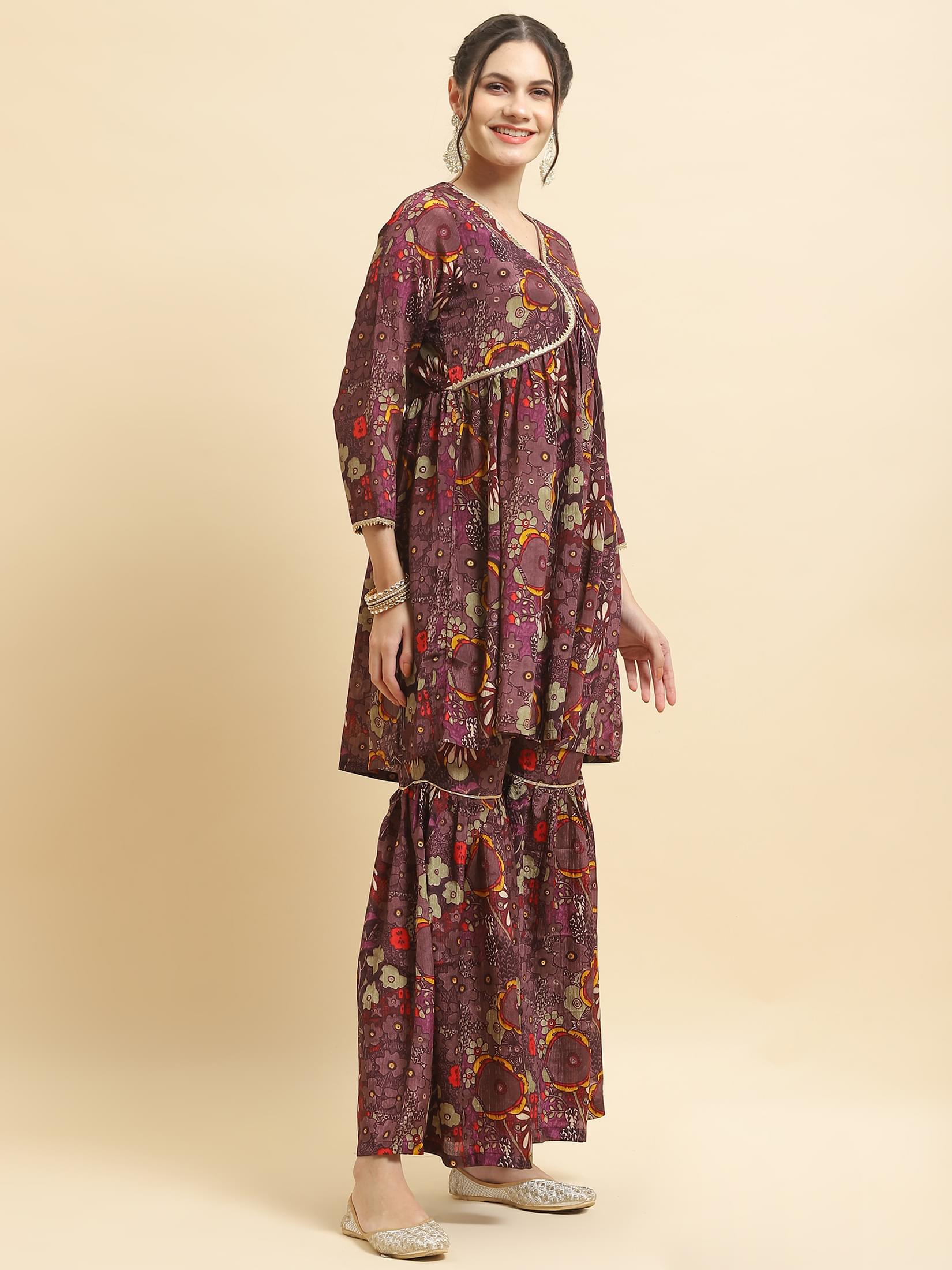 Women Chinon Purple Floral Print Kurta Sharara Dupatta.