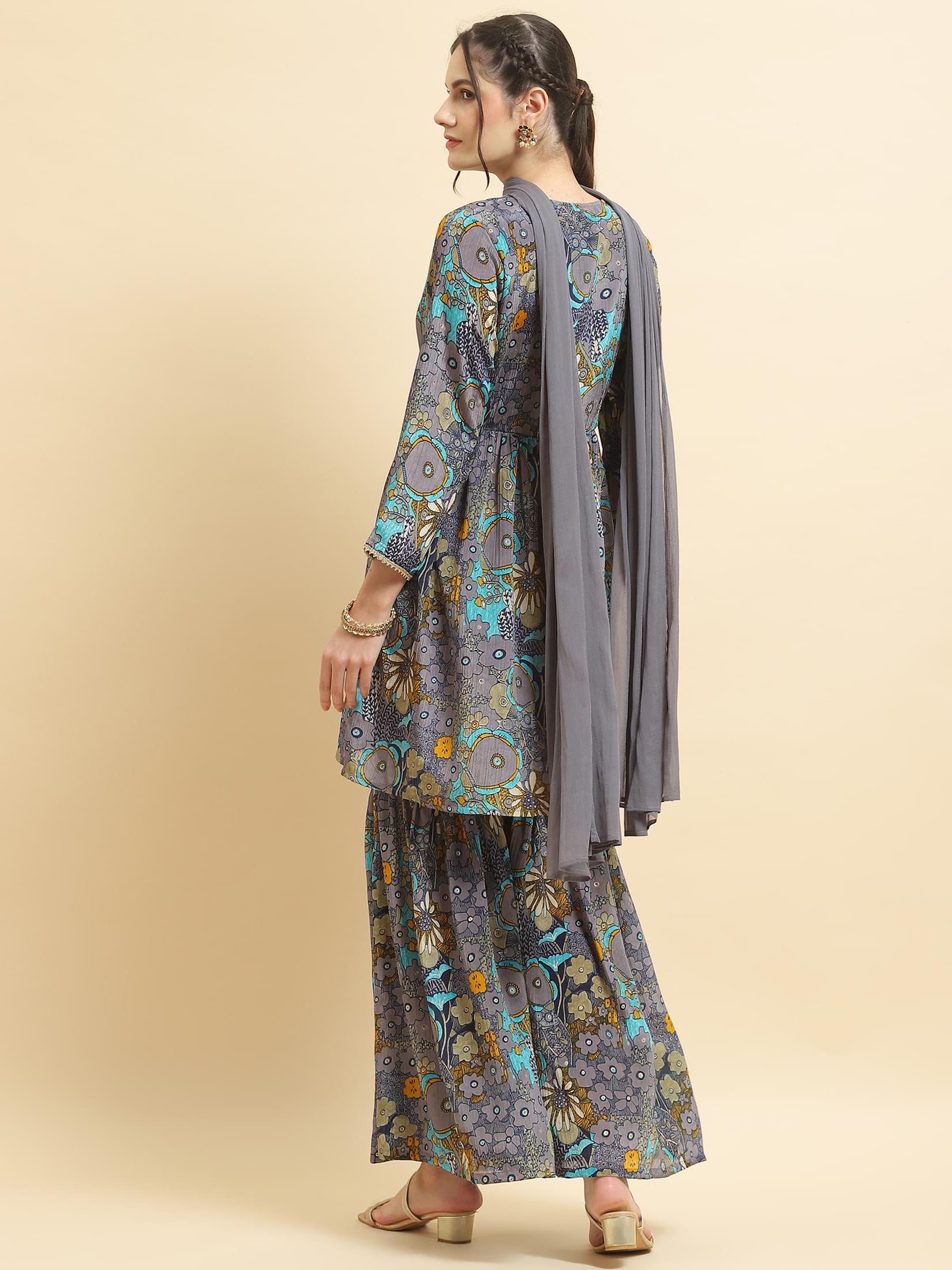 Women Chinon Blue Floral Print Kurta Sharara Dupatta.