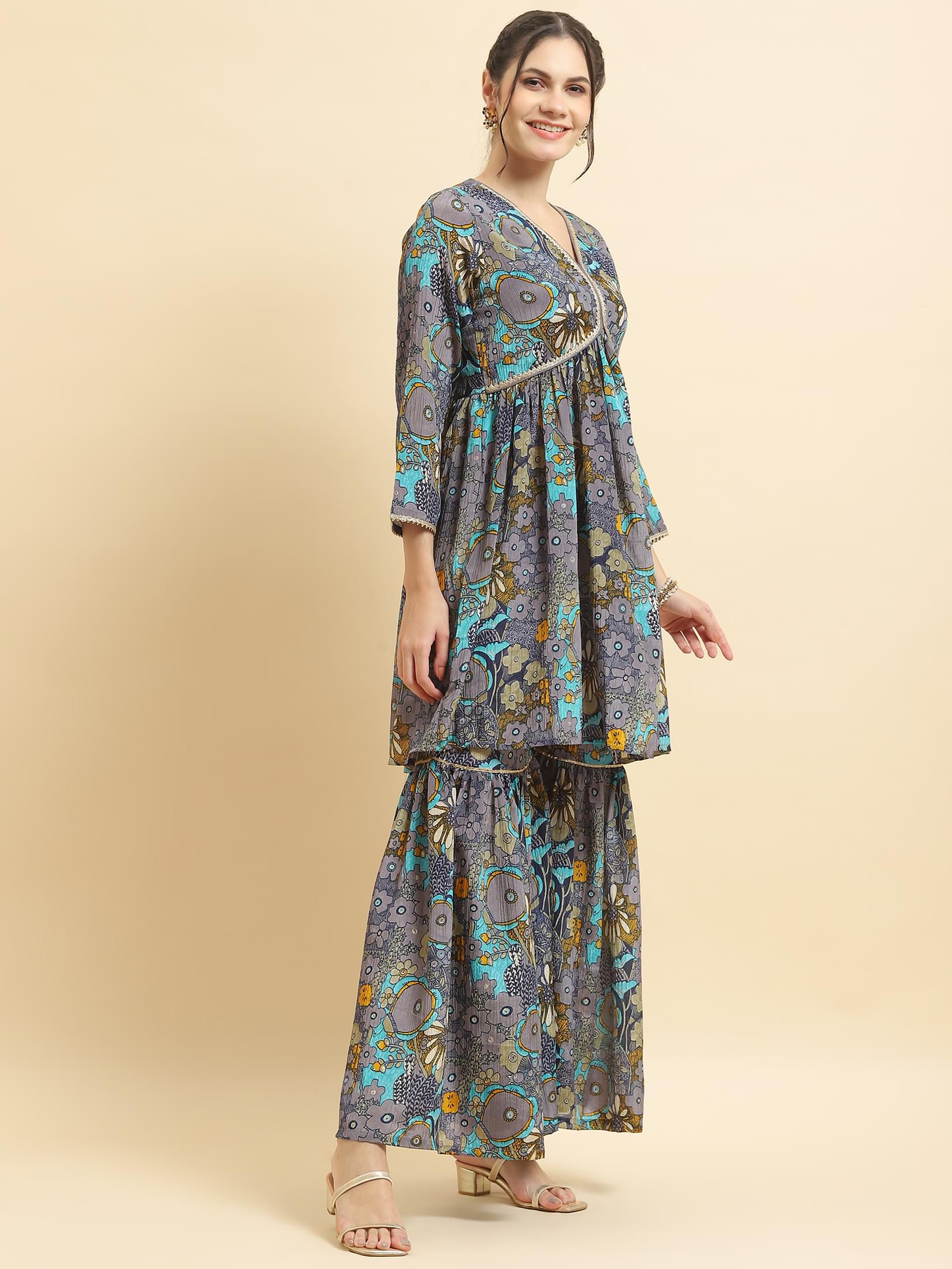 Women Chinon Blue Floral Print Kurta Sharara Dupatta.