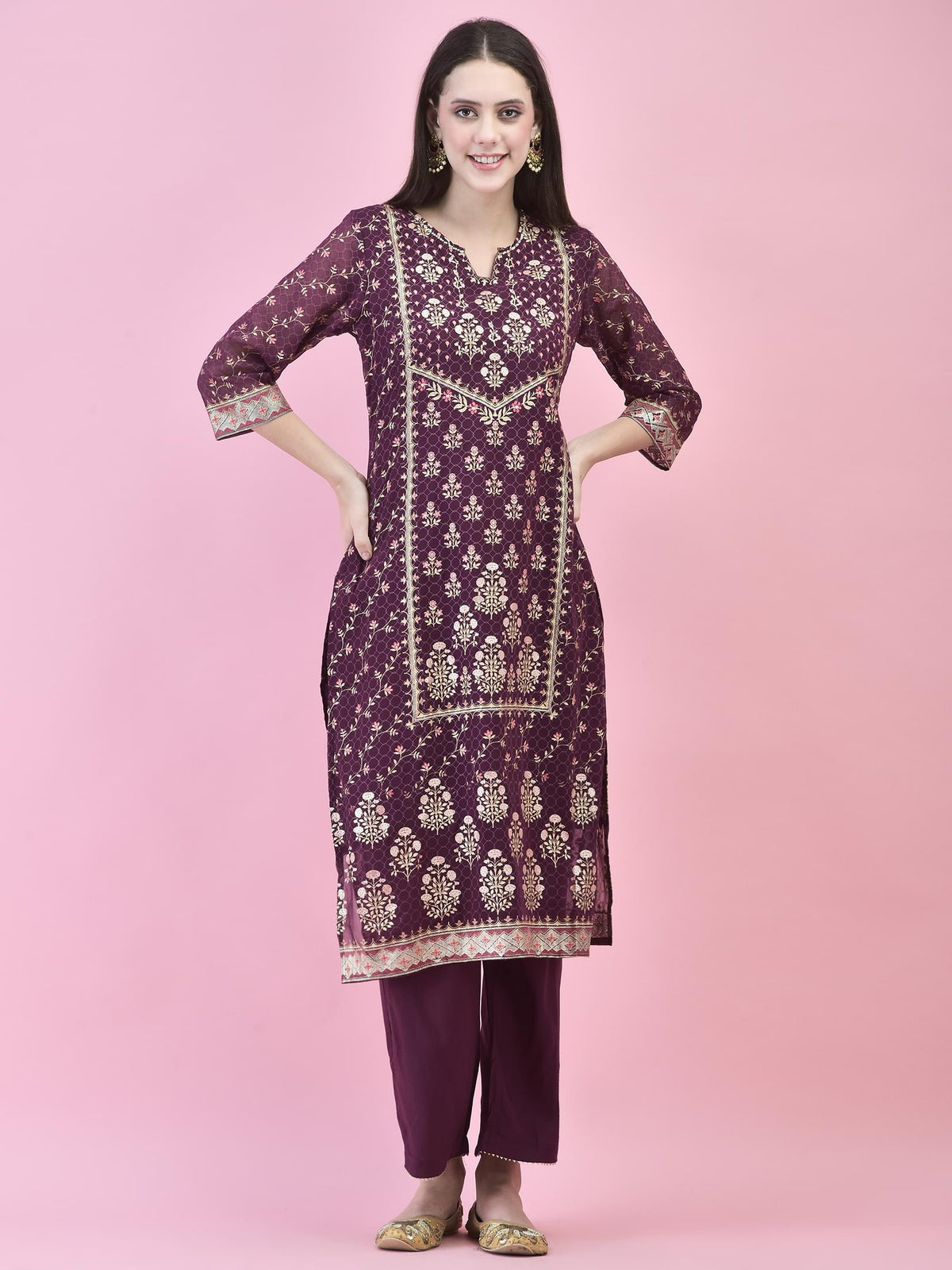 Women Georgette Purple Ornamental Print Kurta Comfort Pant Dupatta.