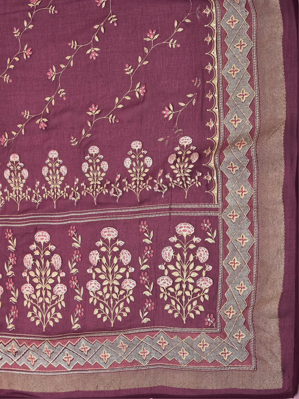 Women Georgette Purple Ornamental Print Kurta Comfort Pant Dupatta.