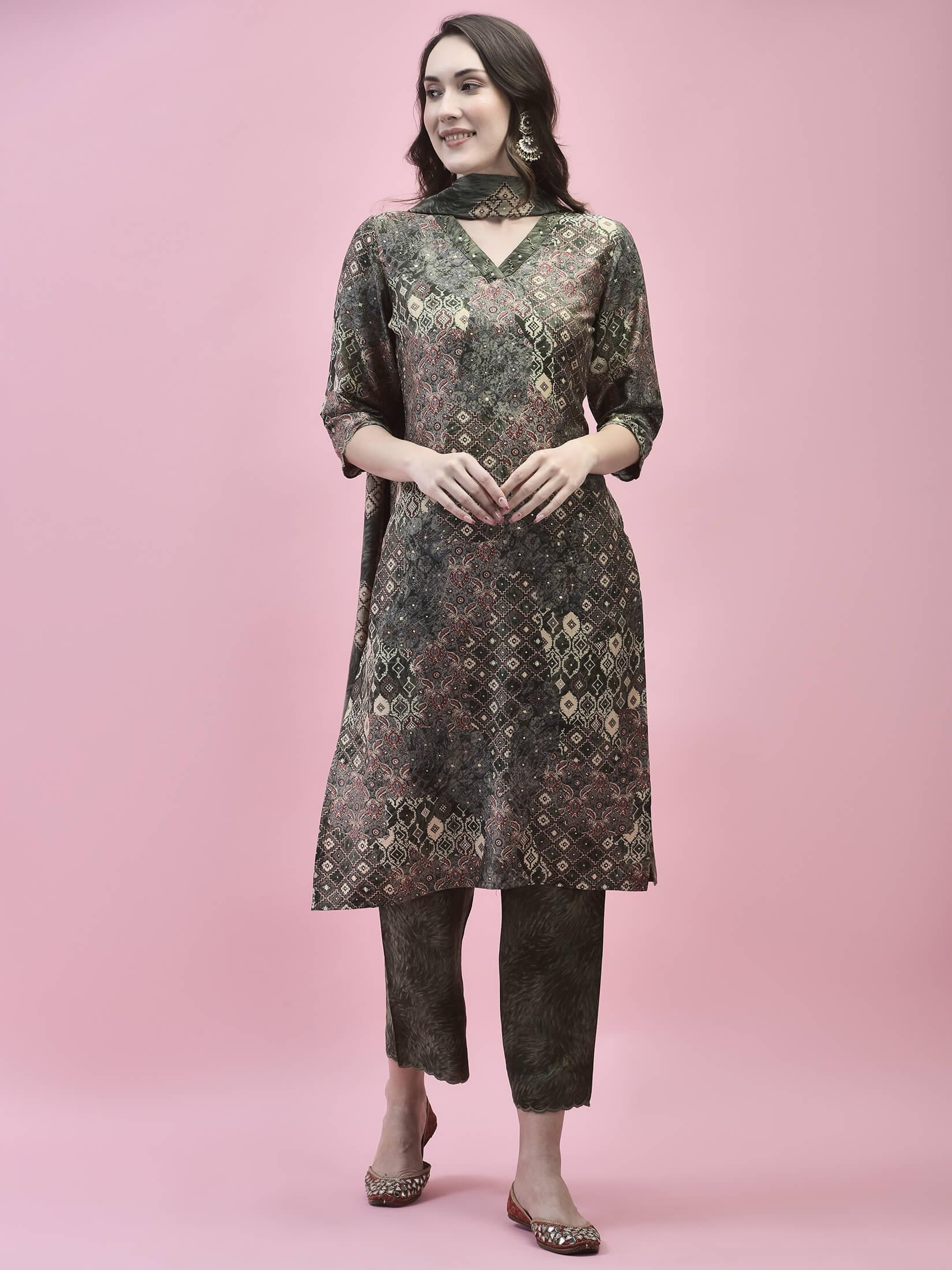Women Viscose Olive Abstract Print Kurta Comfort Pant Dupatta.