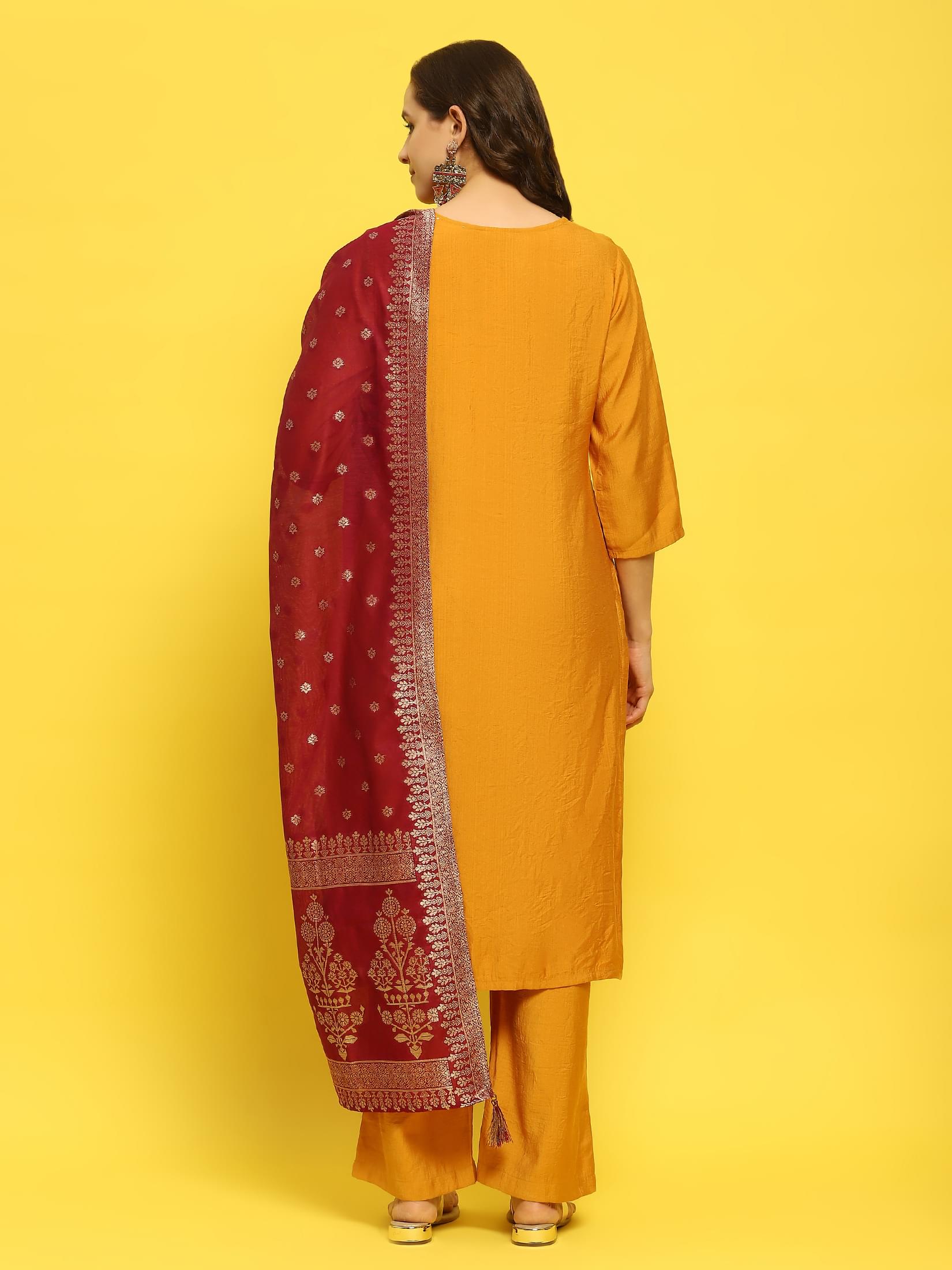 Women Poly Viscose Mustard Embroidered Kurta Comfort Pant Dupatta.