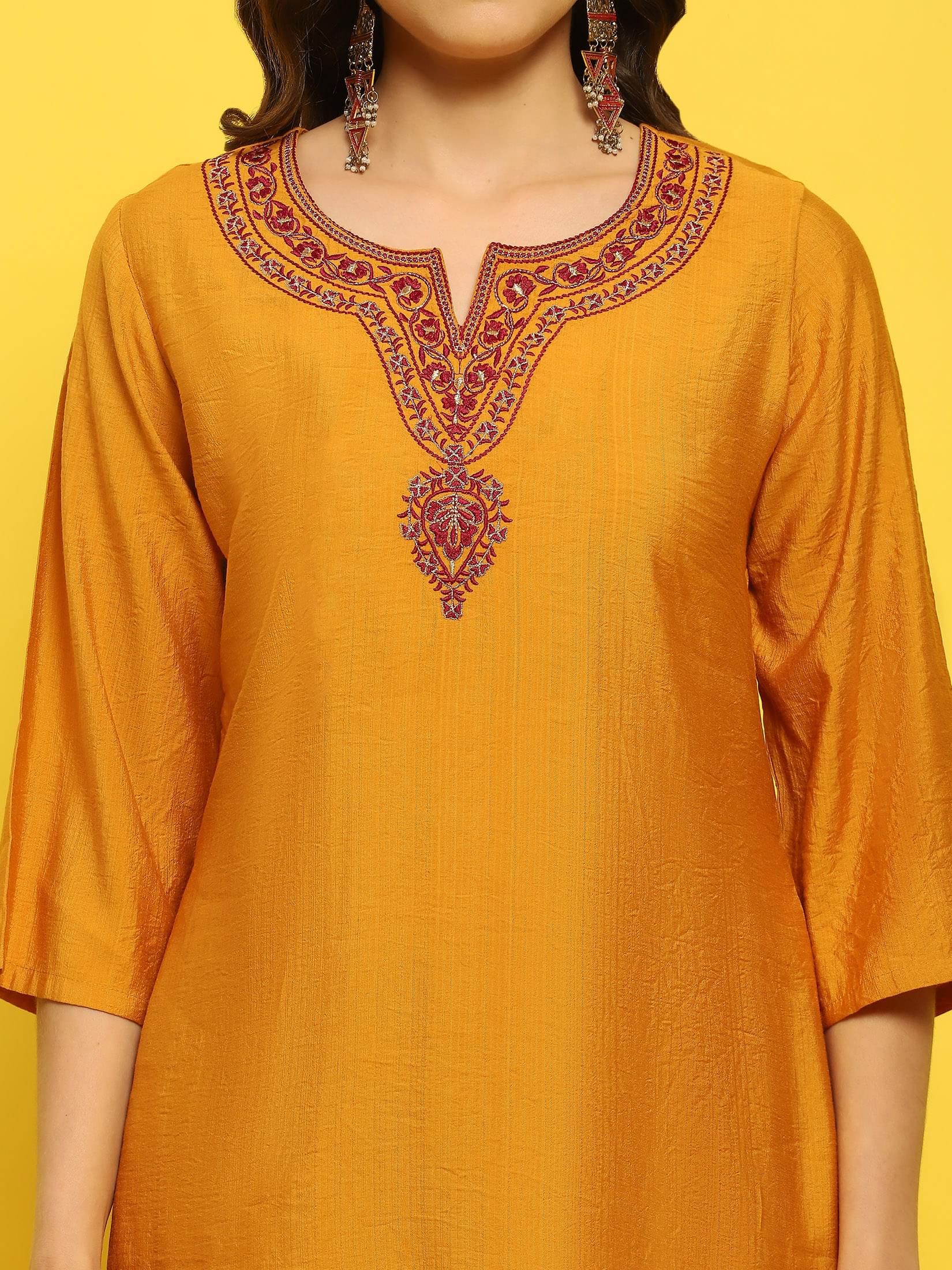 Women Poly Viscose Mustard Embroidered Kurta Comfort Pant Dupatta.