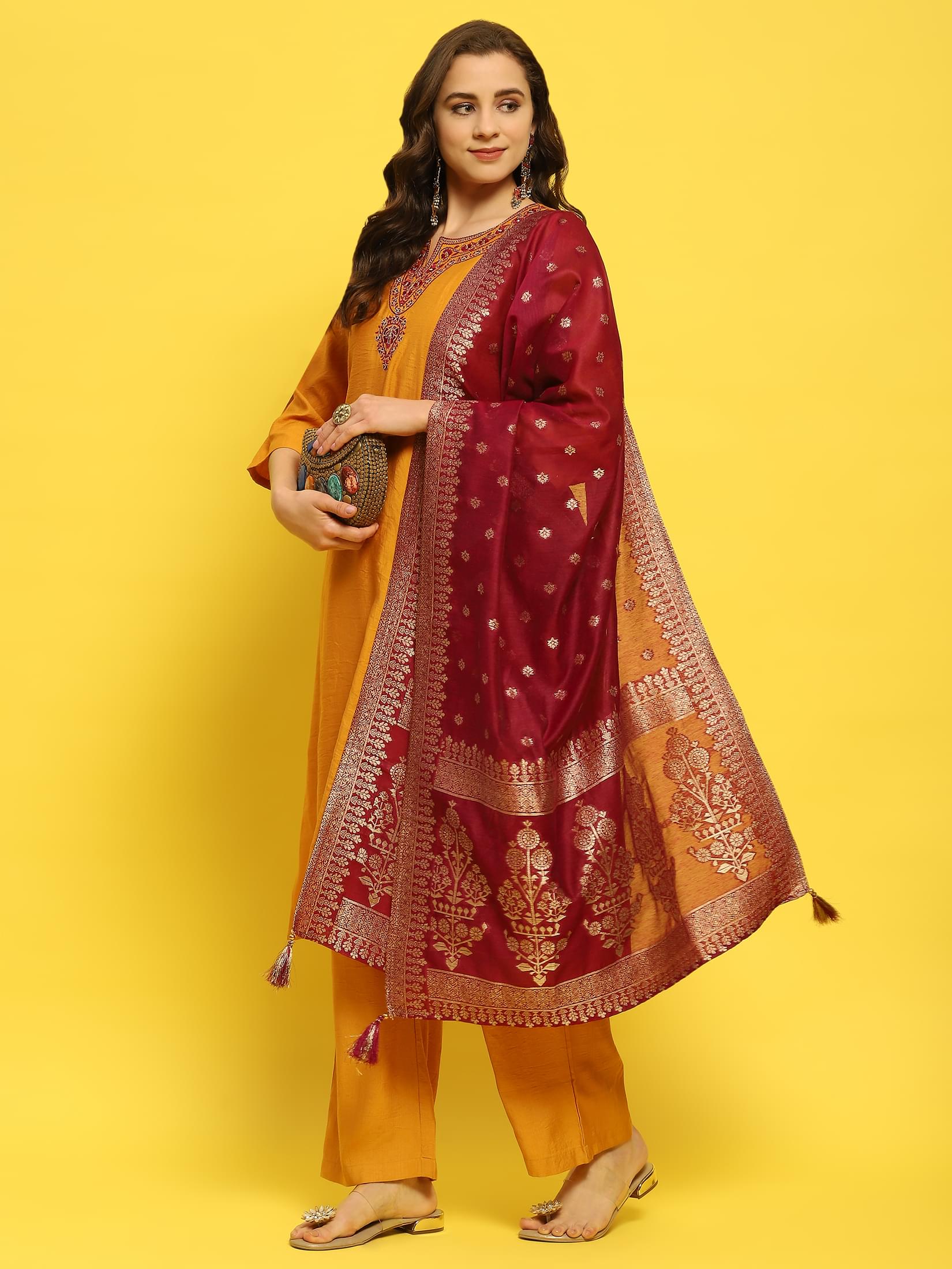 Women Poly Viscose Mustard Embroidered Kurta Comfort Pant Dupatta.