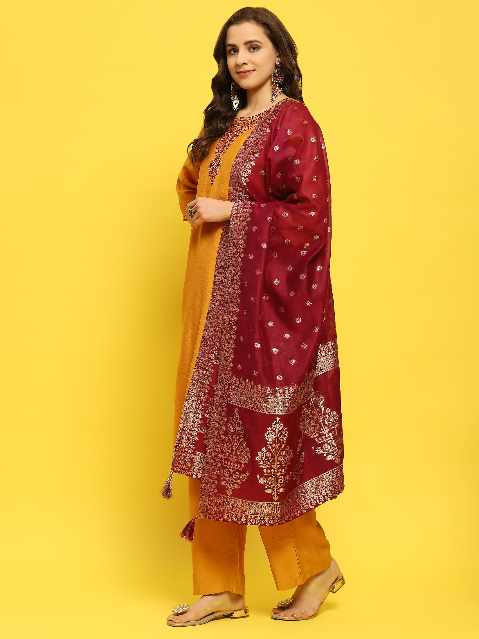 Women Poly Viscose Mustard Embroidered Kurta Comfort Pant Dupatta.