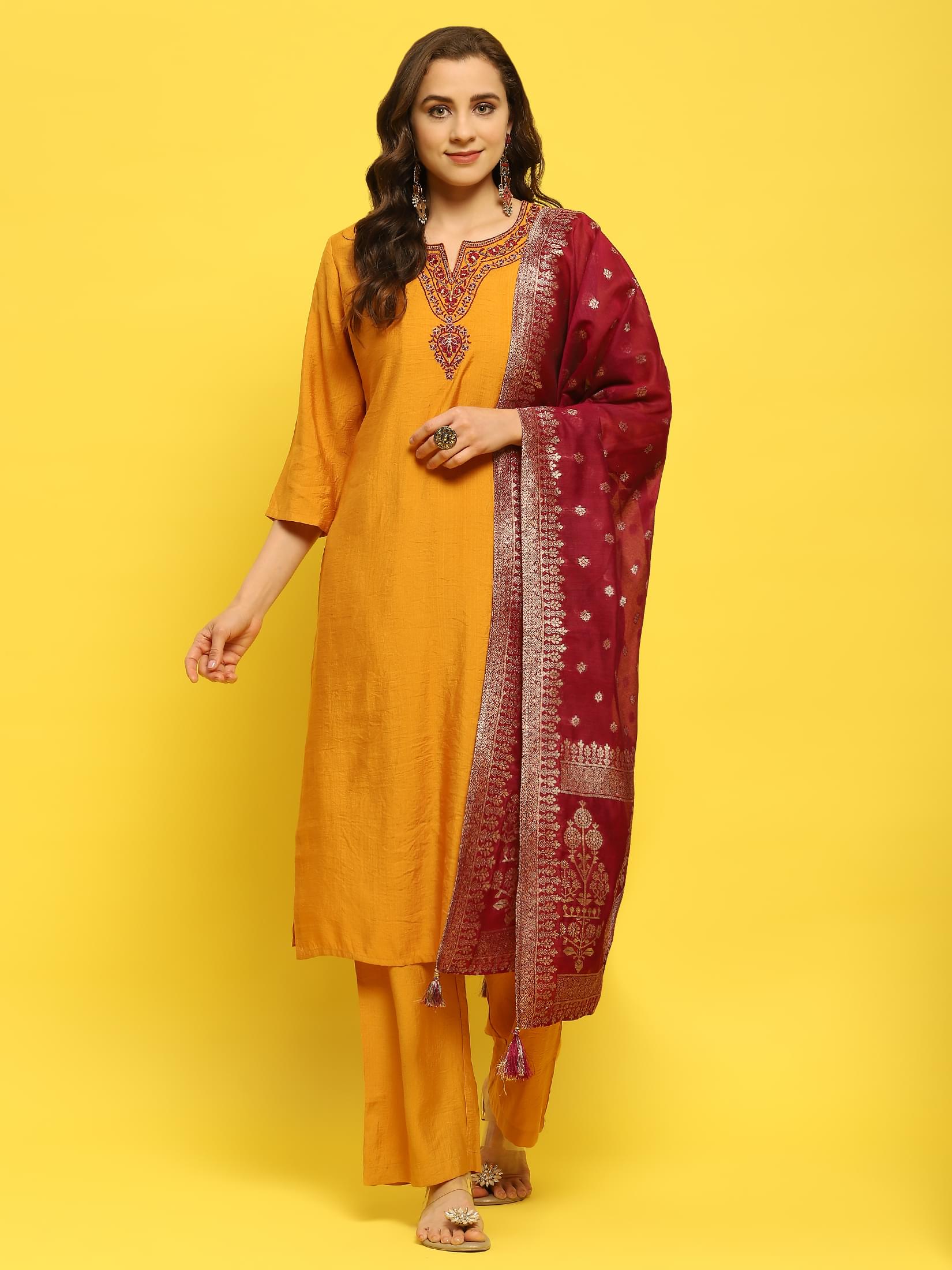 Women Poly Viscose Mustard Embroidered Kurta Comfort Pant Dupatta.