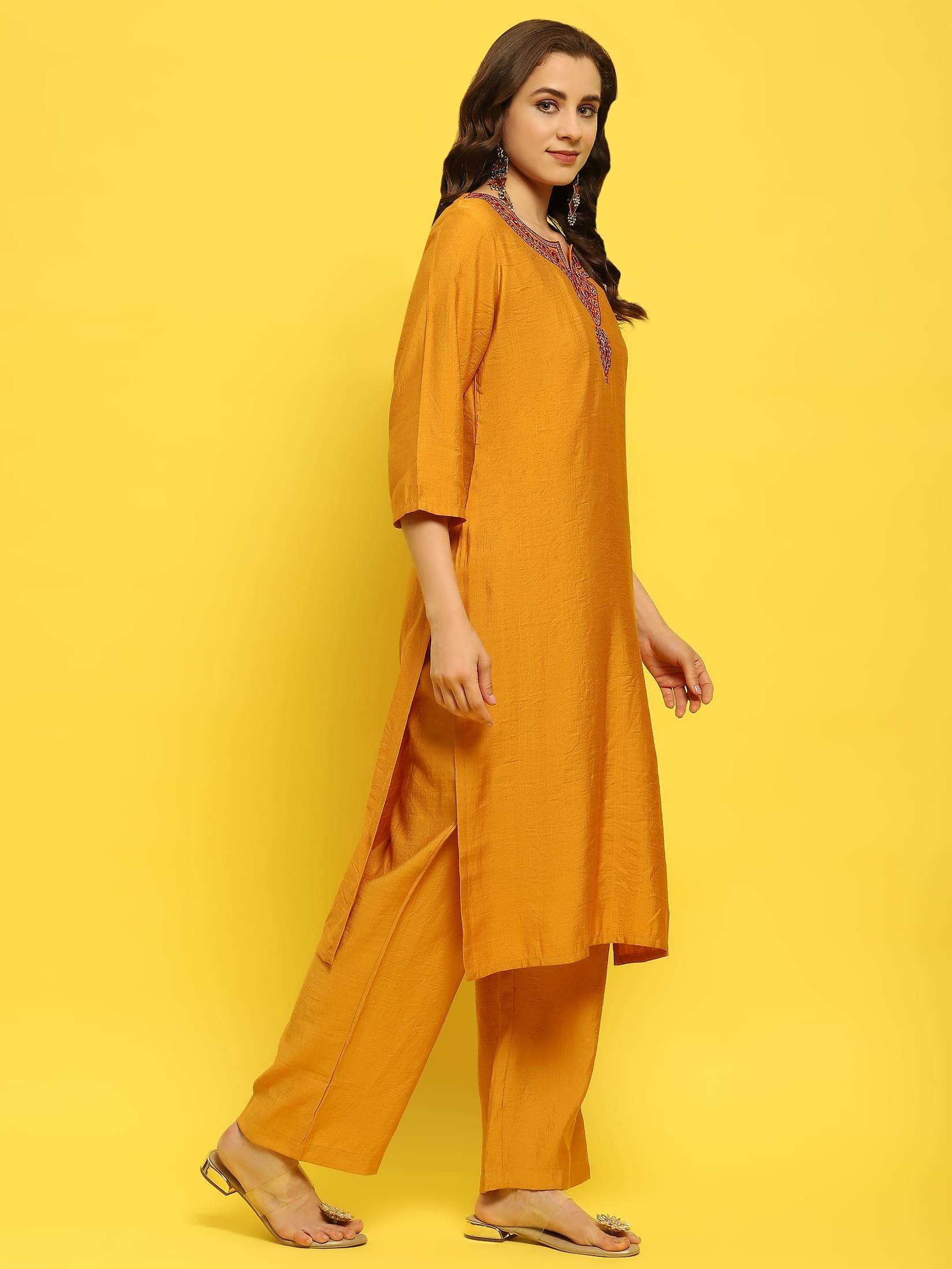 Women Poly Viscose Mustard Embroidered Kurta Comfort Pant Dupatta.