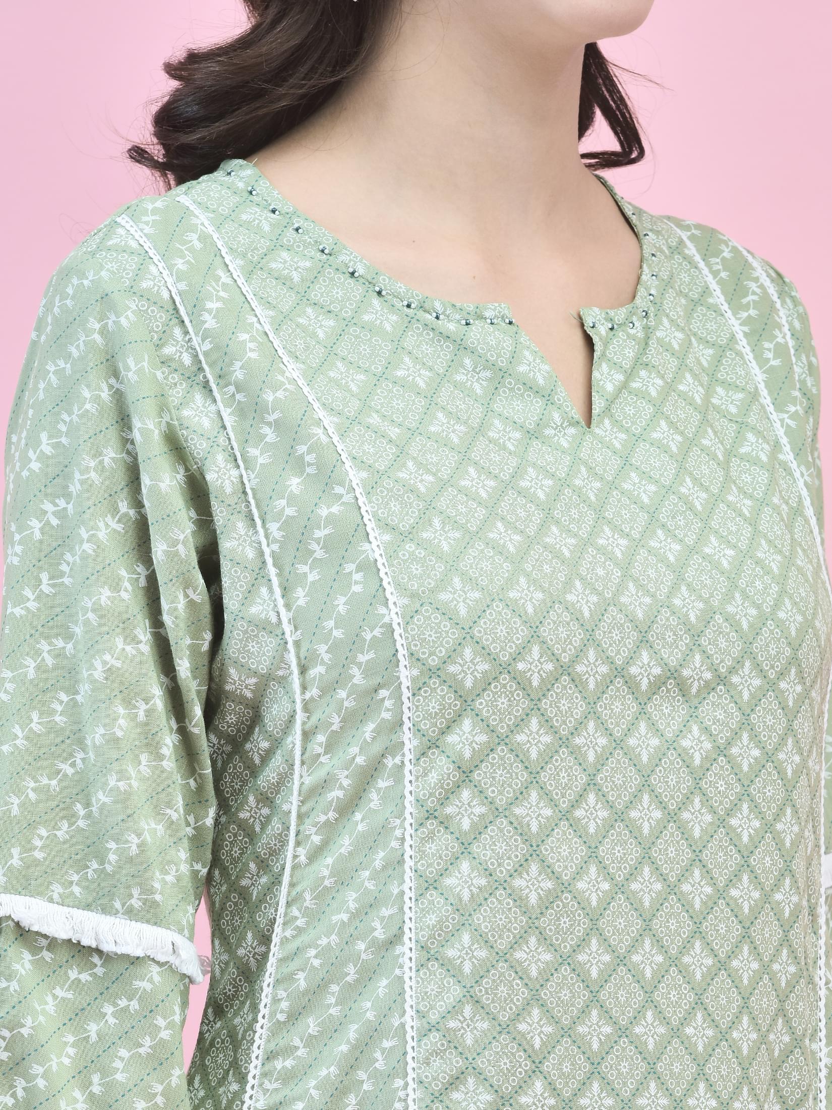 Women Liva (Rayon) Green Geometric Print Kurta With Comfort Pant.