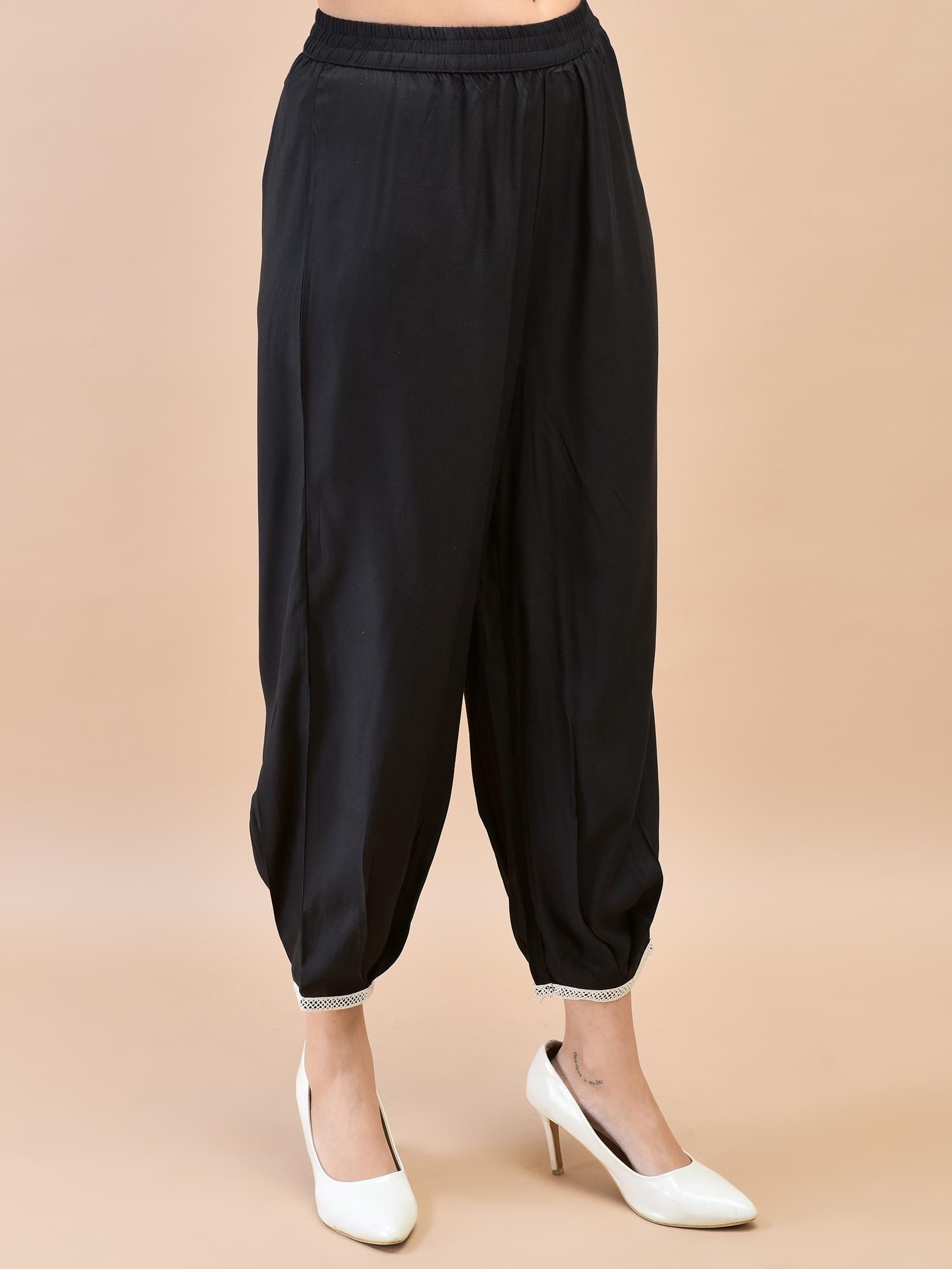 Women Liva (Rayon) Black Floral Print Kurta With Harem Pant.