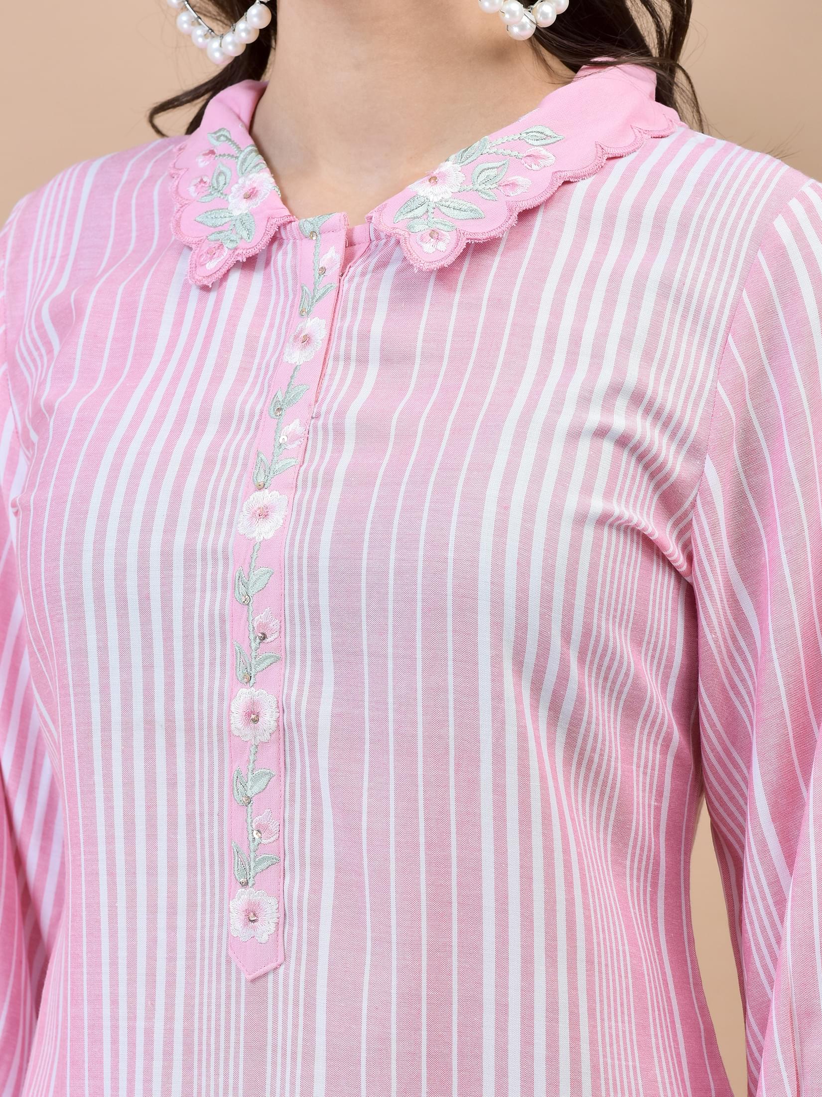 Women Liva (Rayon) Pink Embroidered Kurta.