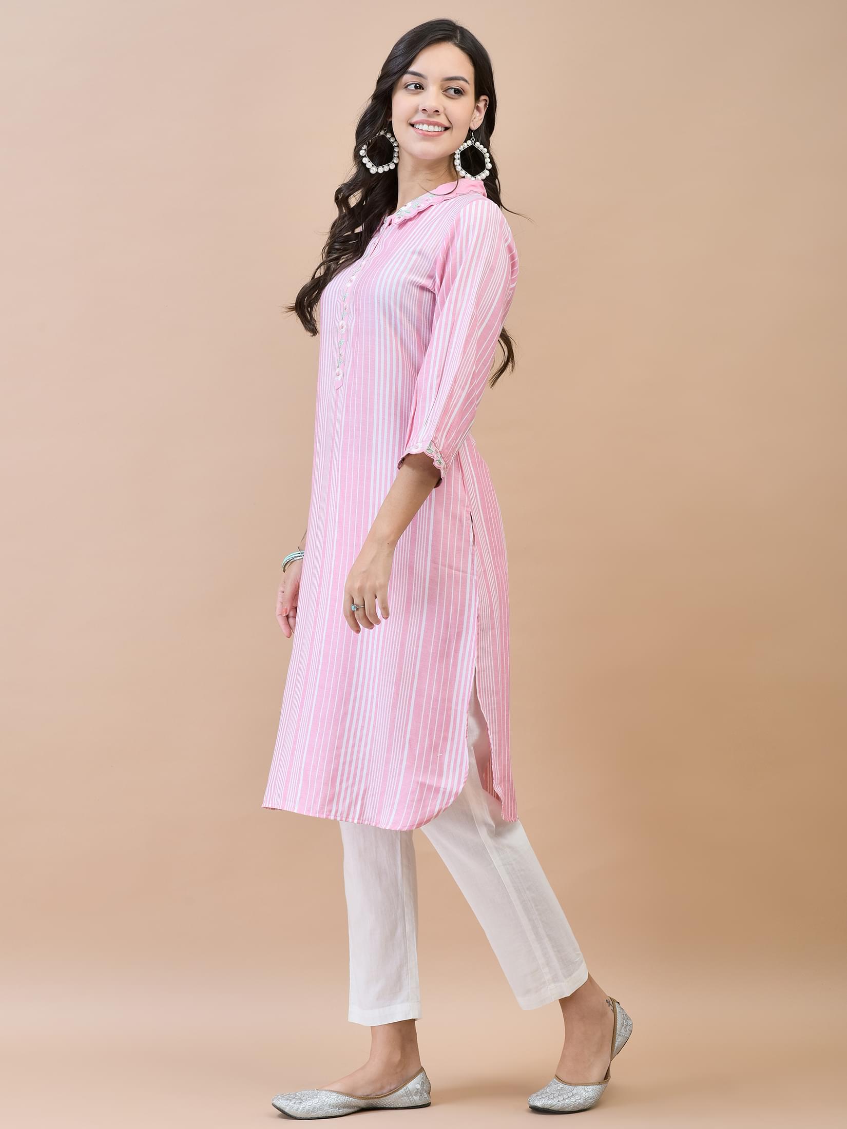 Women Liva (Rayon) Pink Embroidered Kurta.