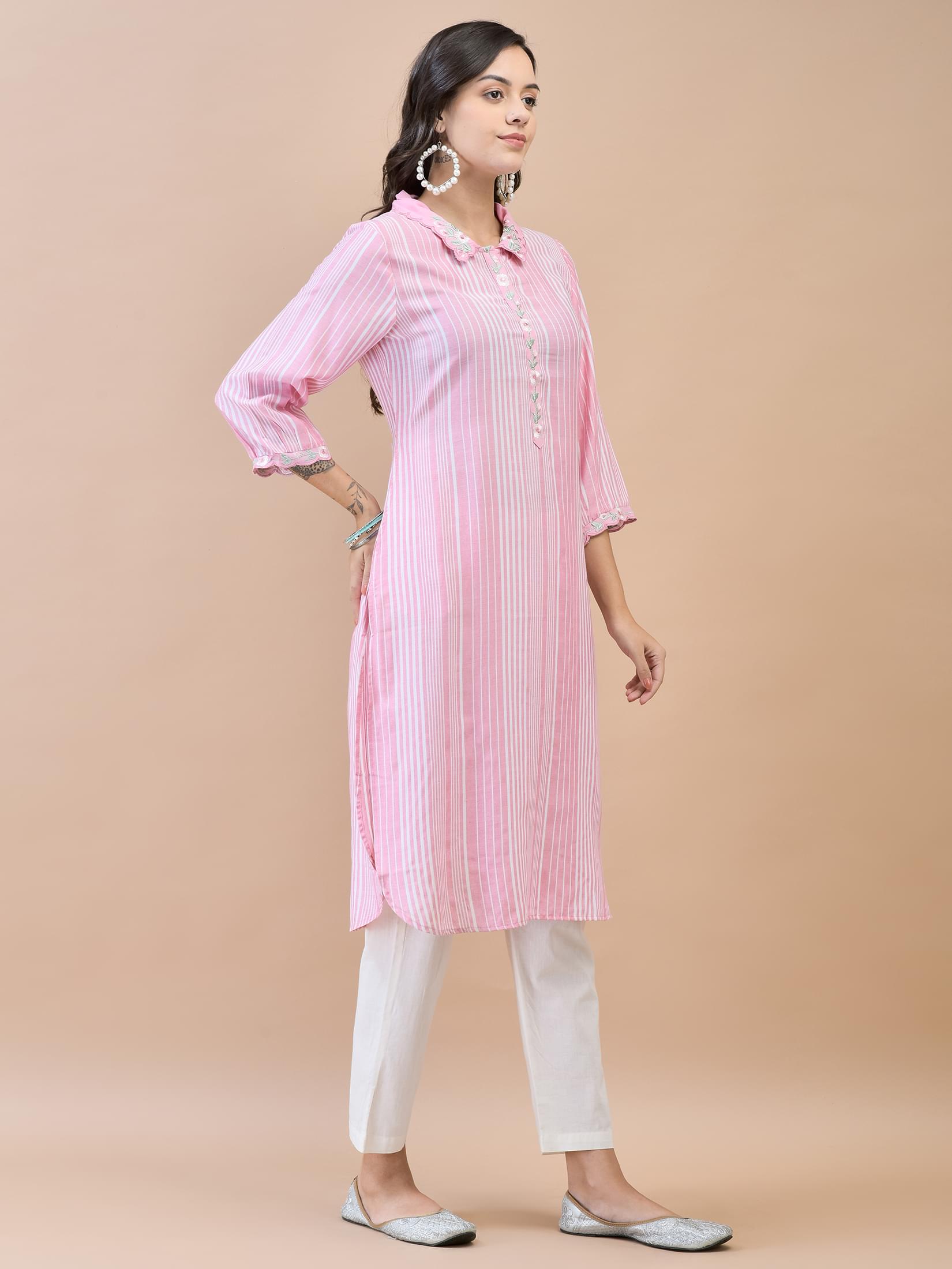 Women Liva (Rayon) Pink Embroidered Kurta.