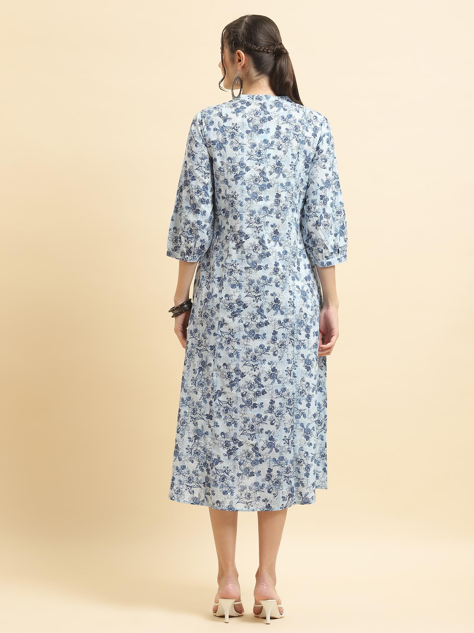 Women Cotton Blue Floral Print Dress.
