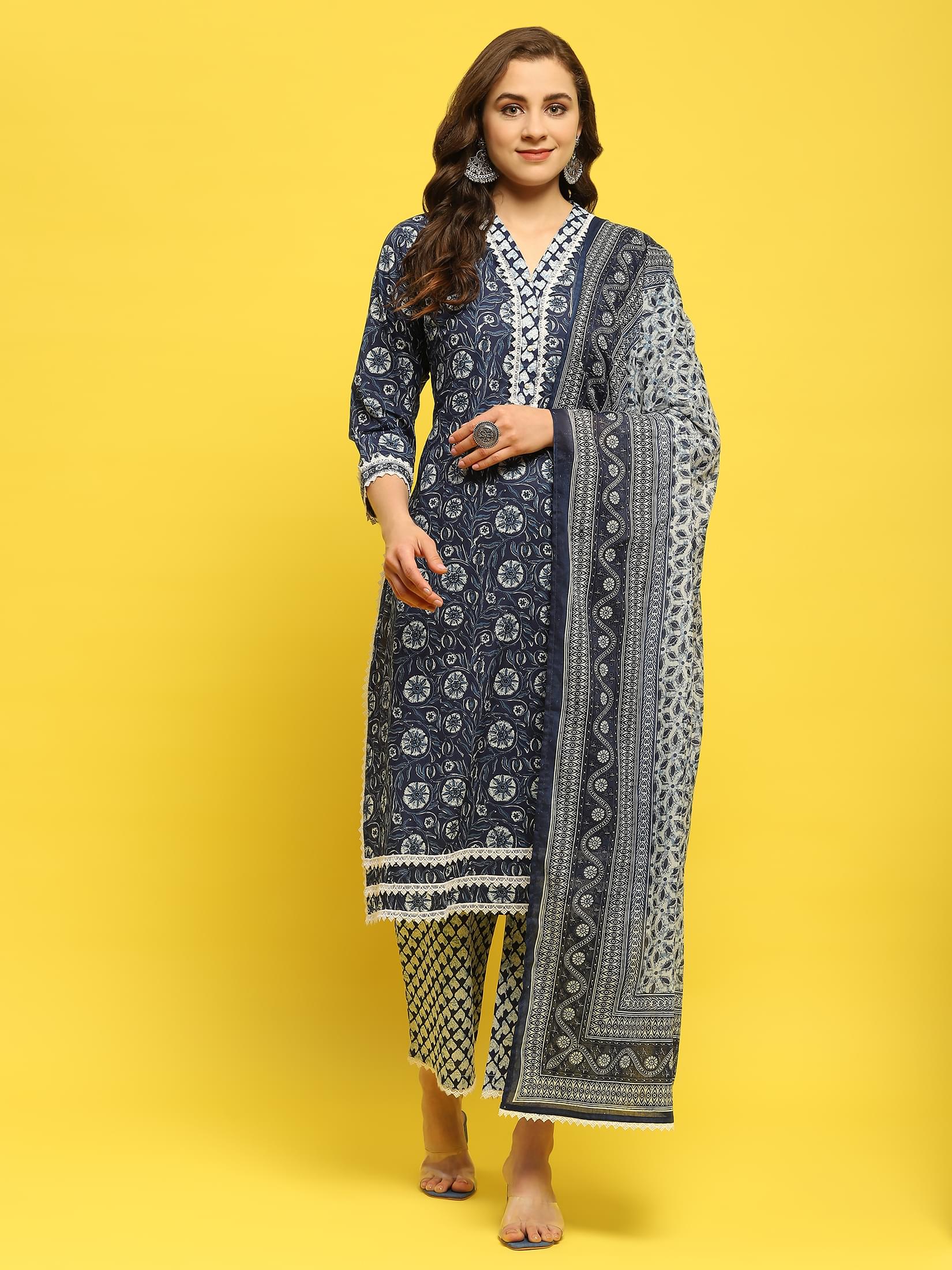 Women Cotton Indigo Floral Print Kurta Trouser Dupatta.