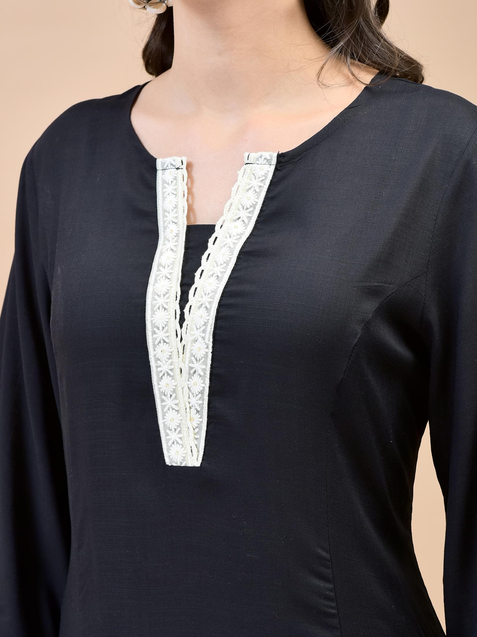 Women Rayon Black Kurta Comfort Pant Dupatta.
