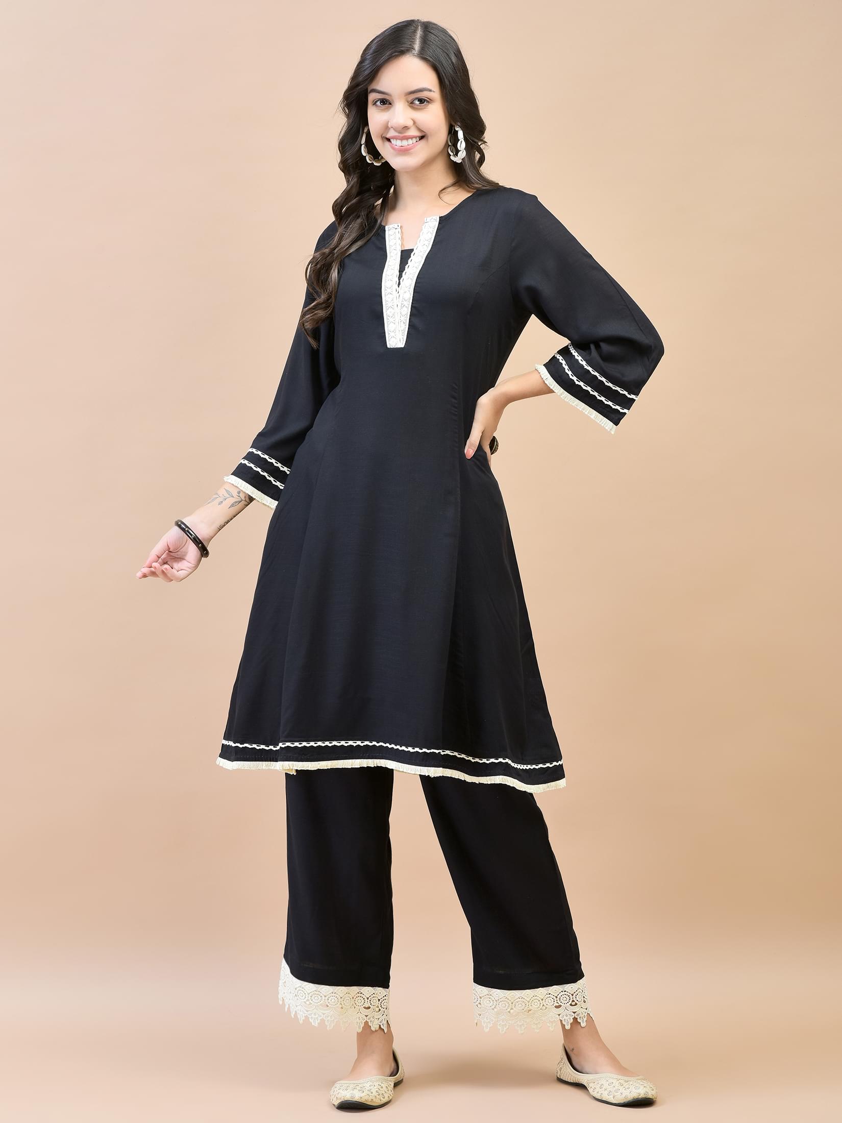 Women Rayon Black Kurta Comfort Pant Dupatta.