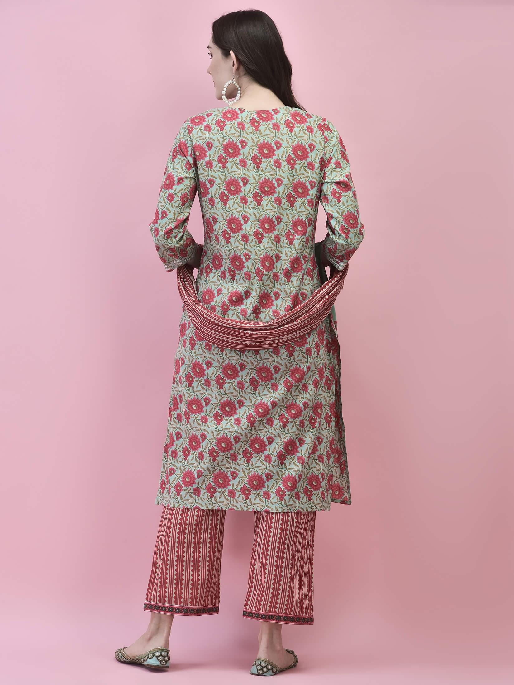 Women Cotton Green Floral Print Kurta Comfort Pant Dupatta.