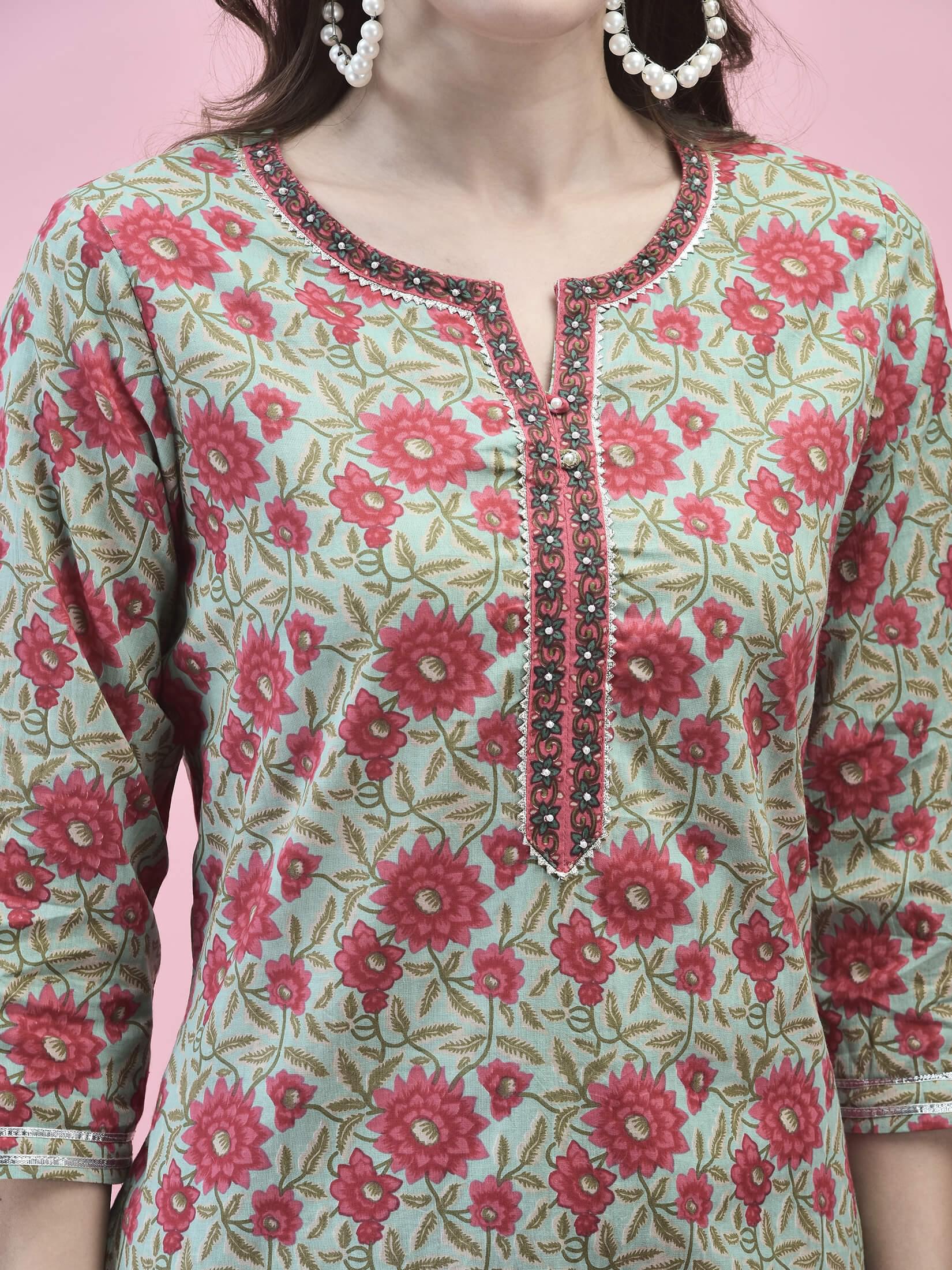 Women Cotton Green Floral Print Kurta Comfort Pant Dupatta.