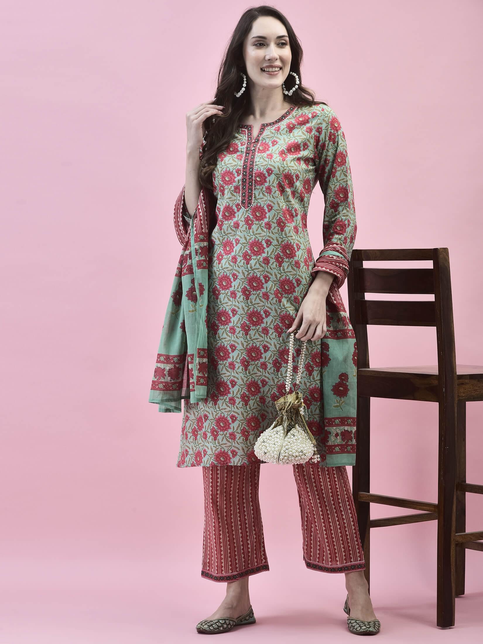 Women Cotton Green Floral Print Kurta Comfort Pant Dupatta.