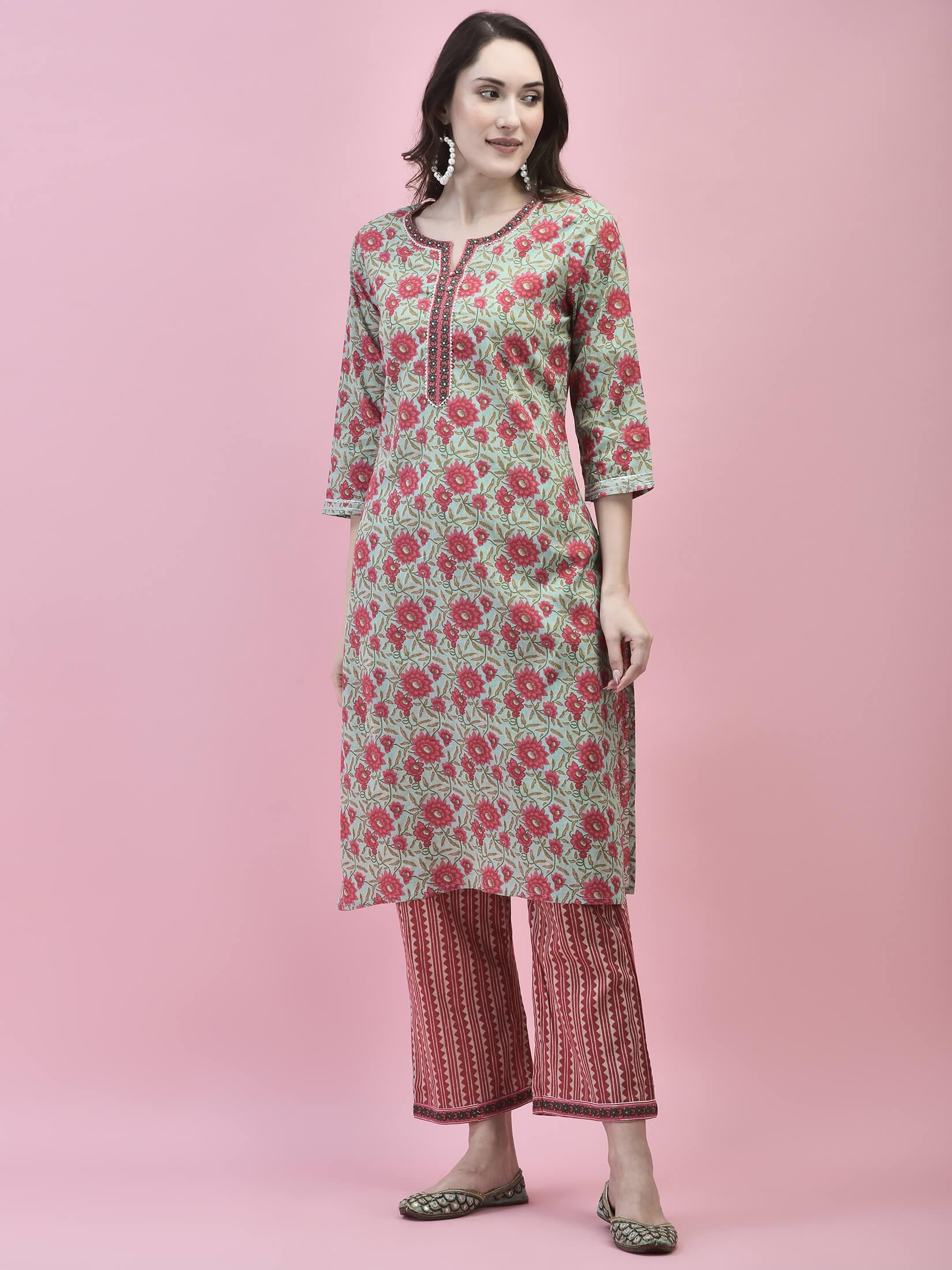 Women Cotton Green Floral Print Kurta Comfort Pant Dupatta.