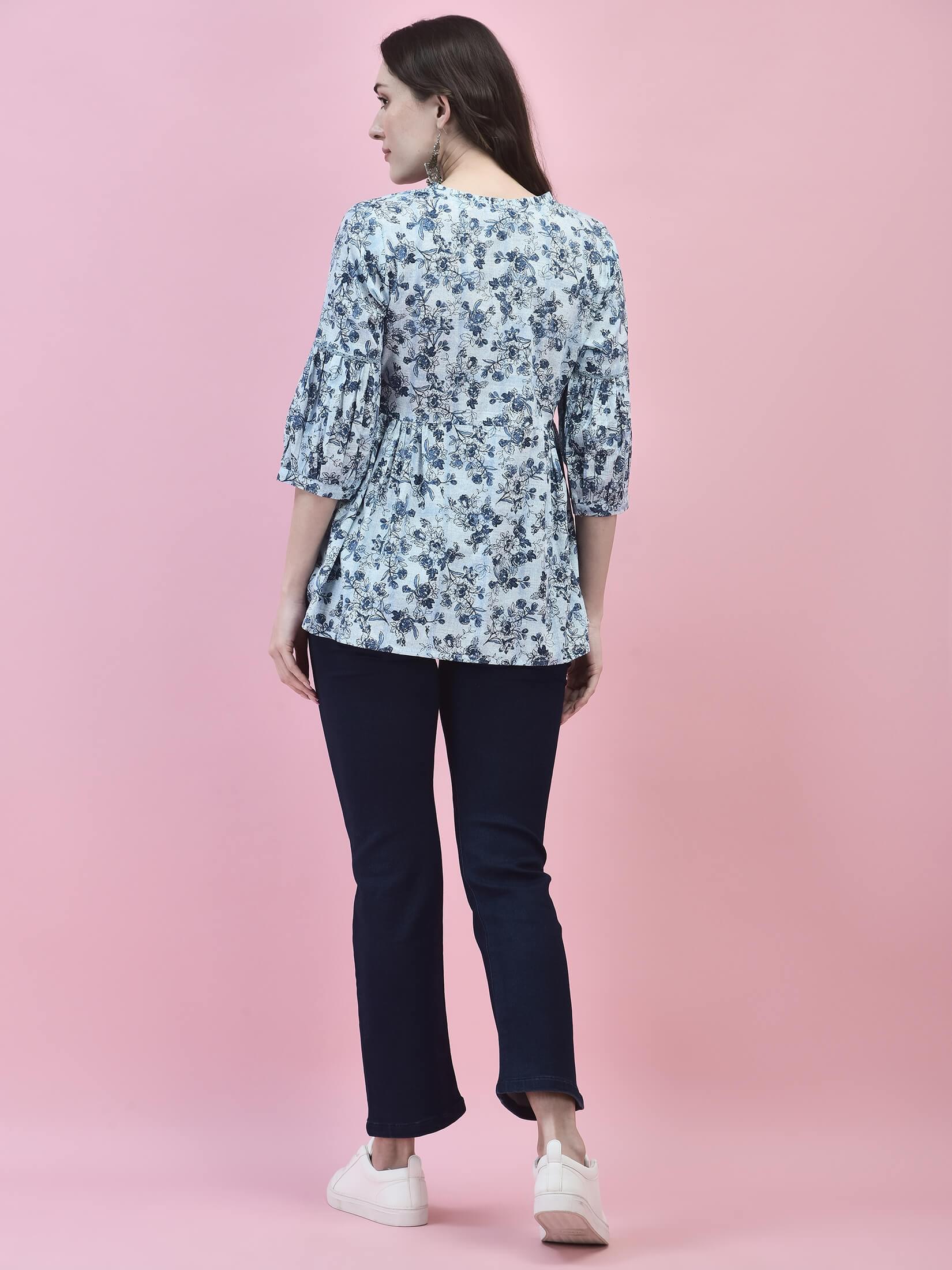 Women Cotton Blue Floral Print Tunic.