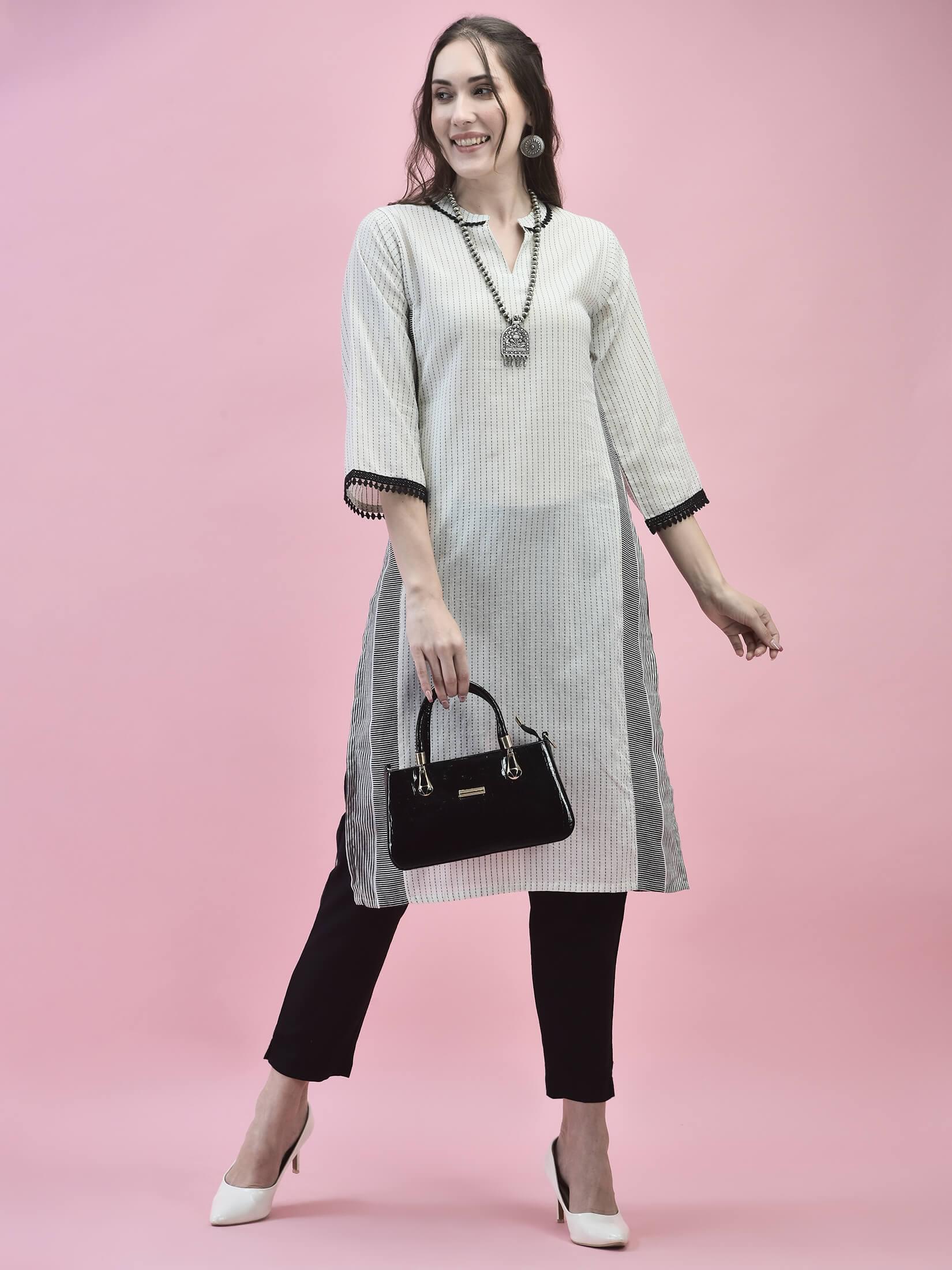 Women Cotton White Stripe Print Kurta.