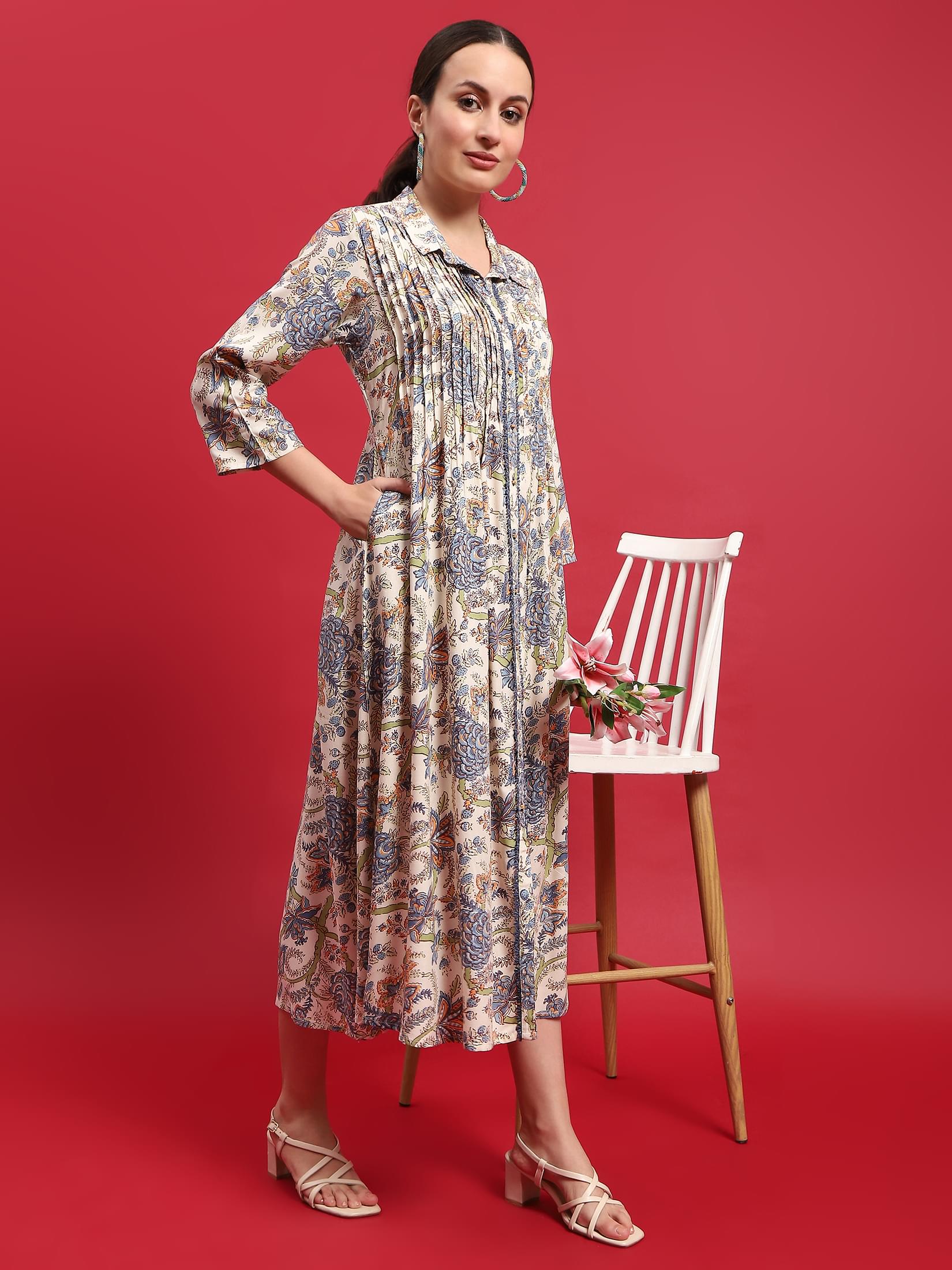 Women Liva (Rayon) Multicolor Floral Print Dress.