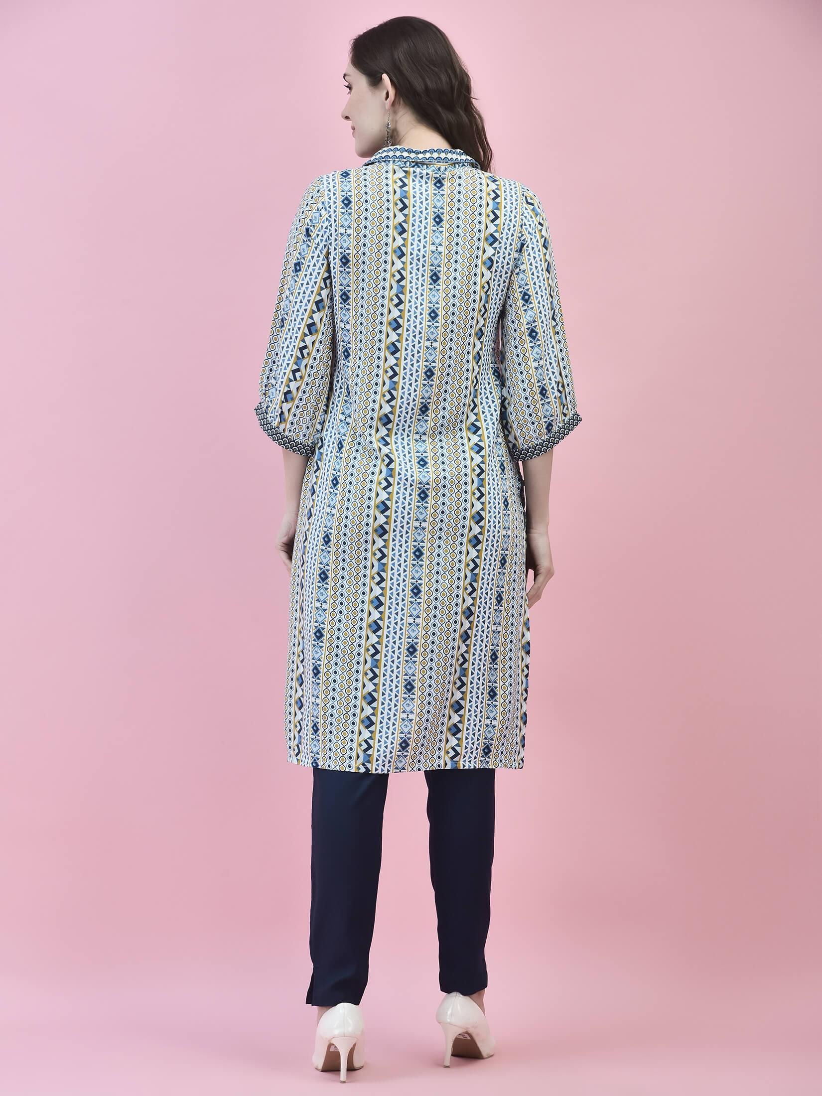 Women Liva Rayon White Geometric Print Kurta.