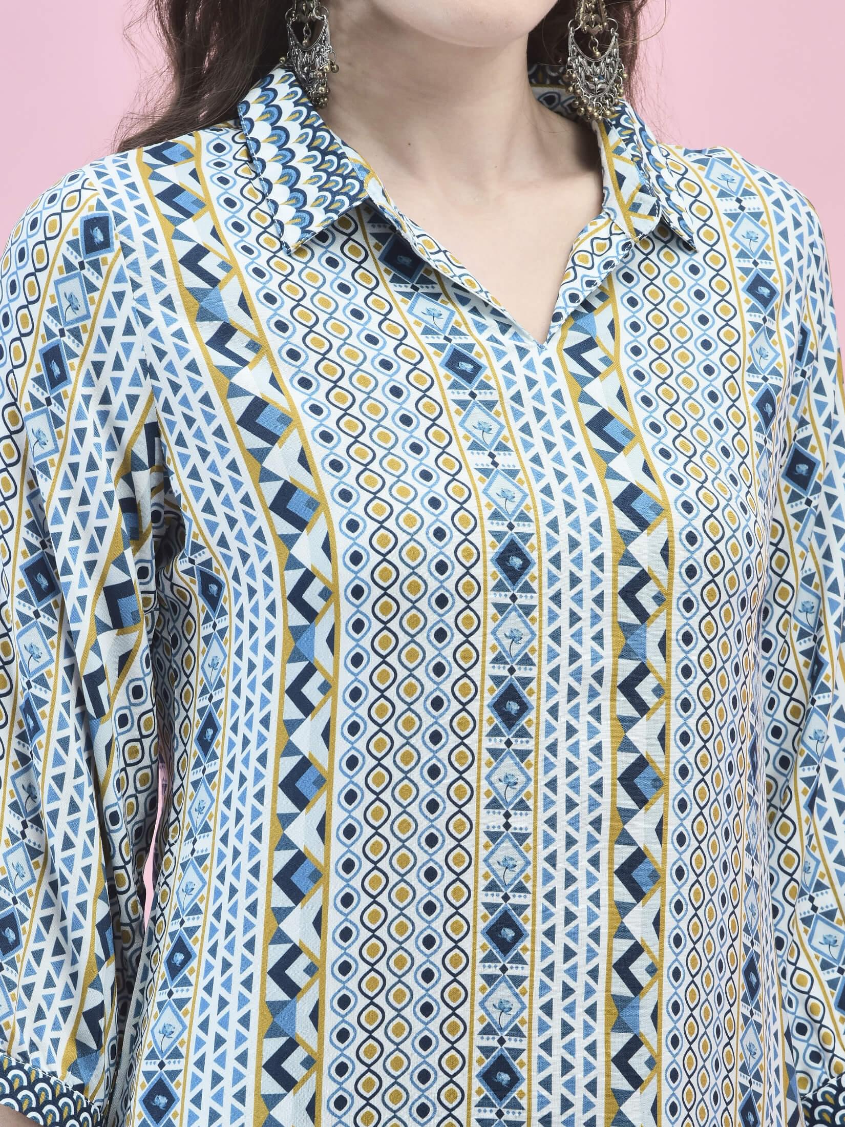 Women Liva Rayon White Geometric Print Kurta.