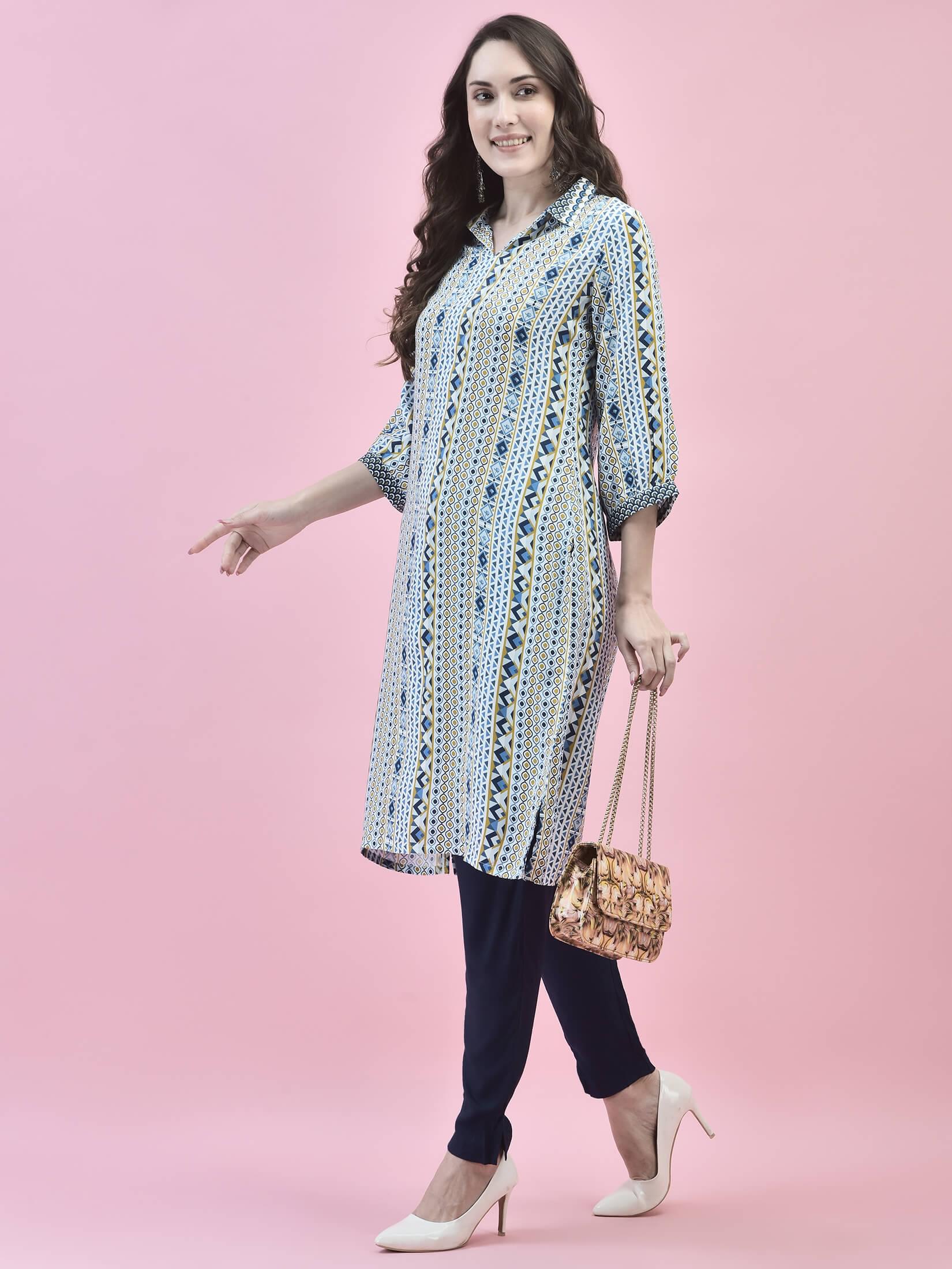 Women Liva Rayon White Geometric Print Kurta.