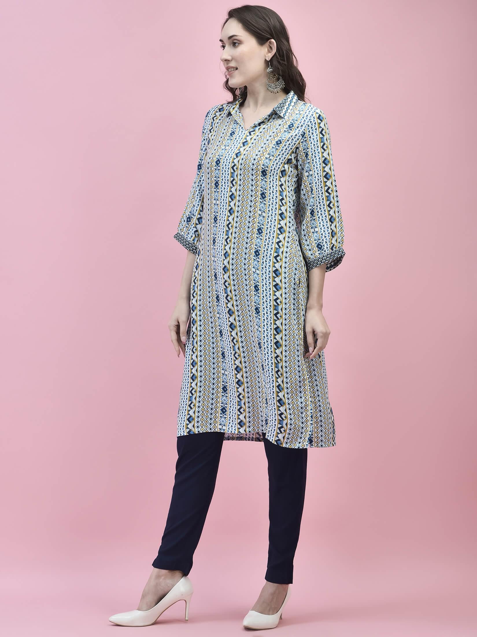 Women Liva Rayon White Geometric Print Kurta.